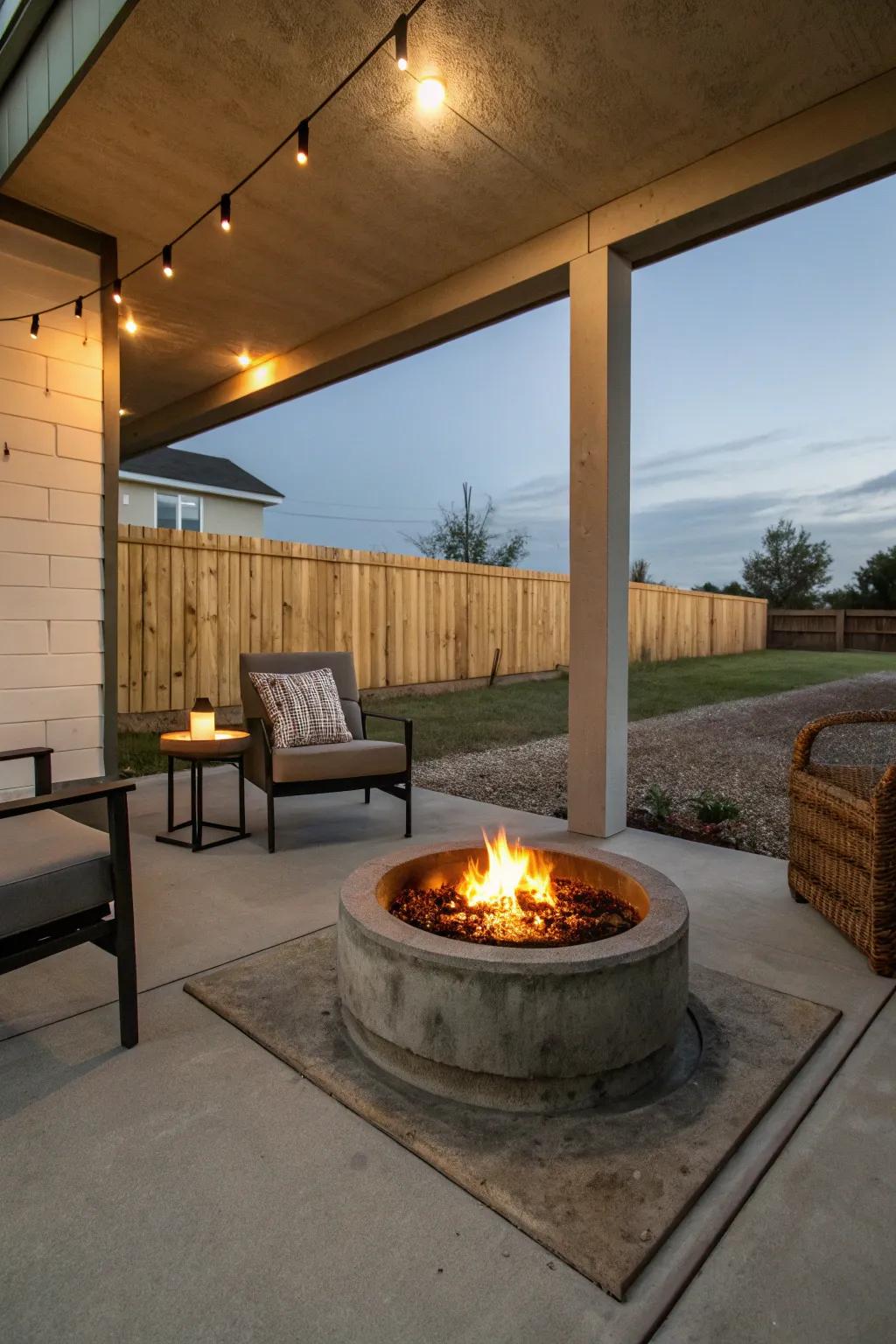 A fire pit adds warmth and serves as a social focal point.