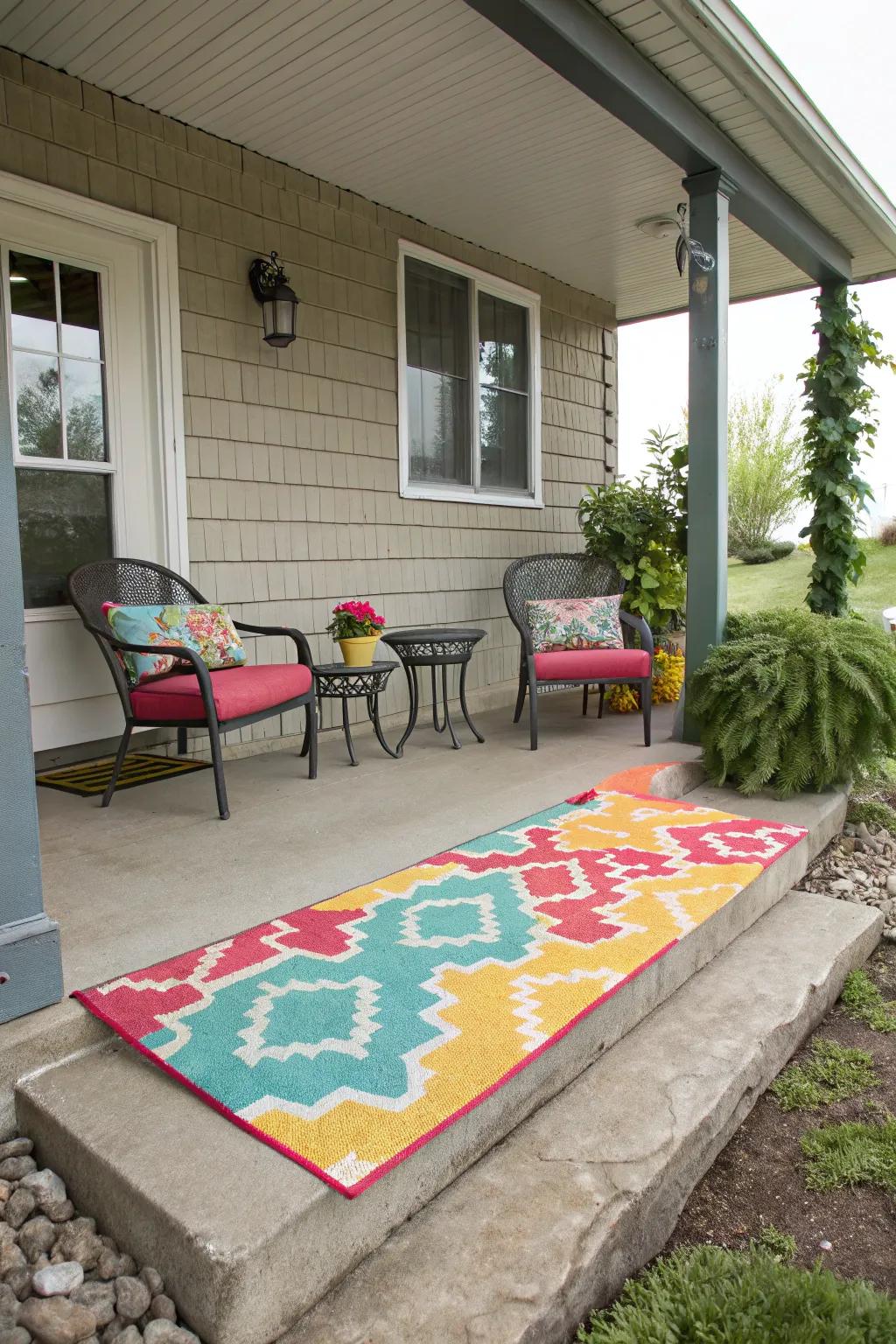 An outdoor rug can bring warmth and color to your concrete porch.