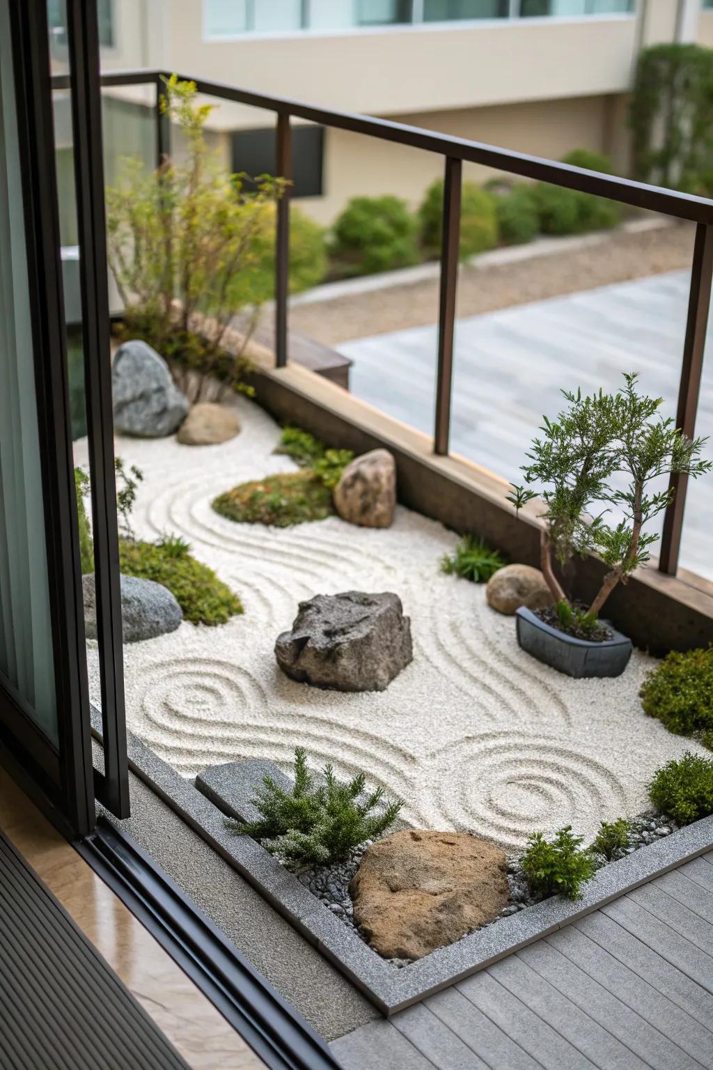 A Zen garden retreat on a closed balcony, perfect for relaxation.