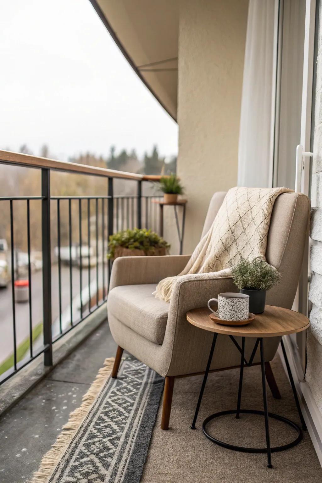A cozy reading nook on a closed balcony, perfect for book lovers.