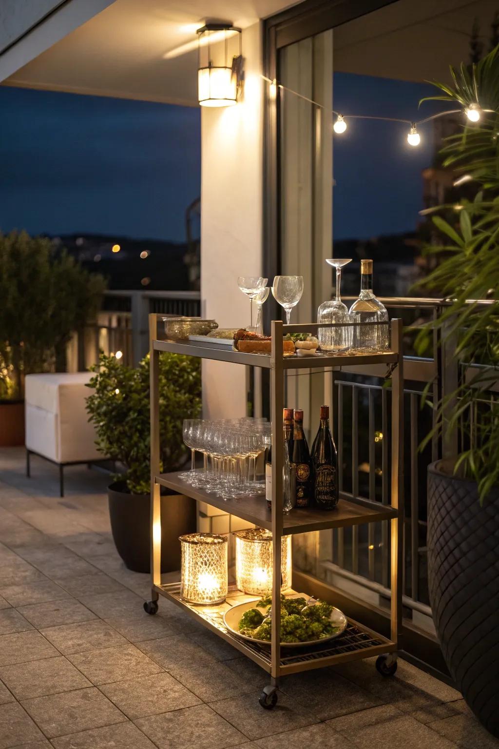 A stylish outdoor bar cart perfect for entertaining on a closed balcony.