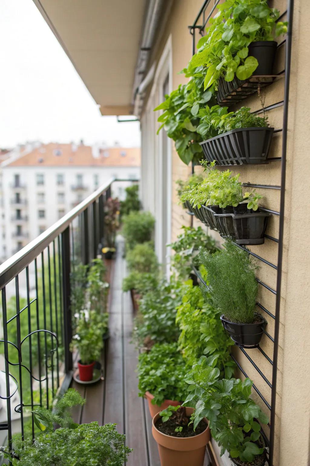 A vertical herb garden enhancing a closed balcony's decor.