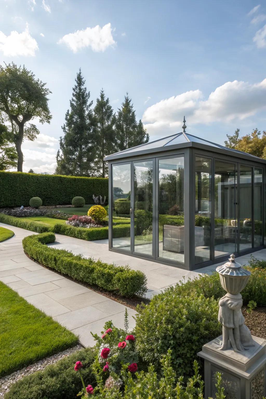 Glass walls offer modern elegance and clear views.