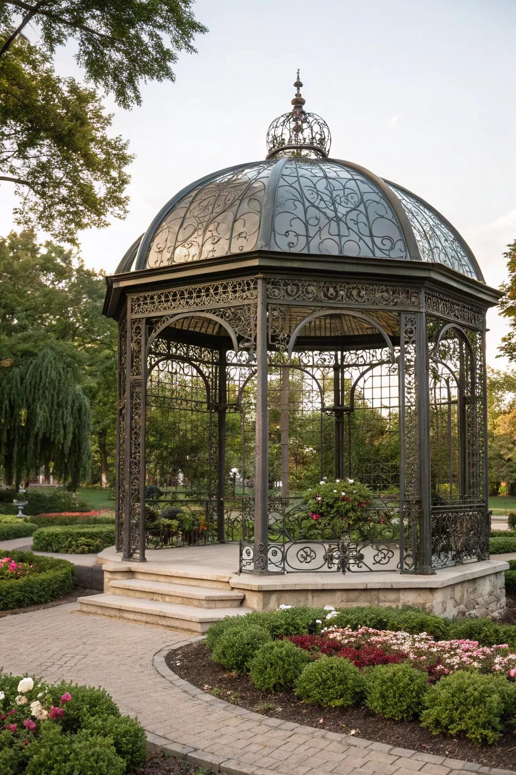 Wrought iron panels add vintage elegance.