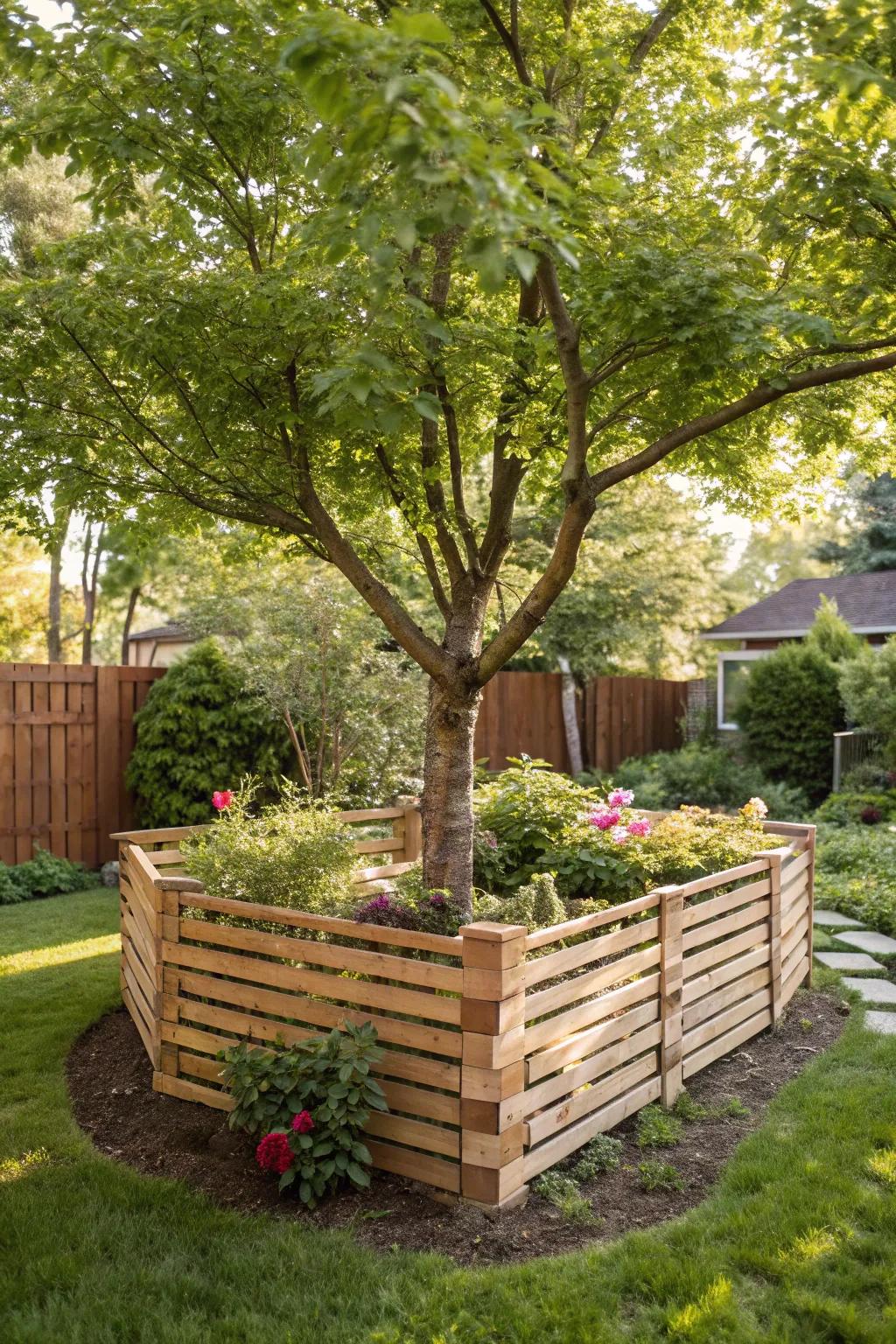 Wooden slat guards provide a rustic charm while protecting trees.