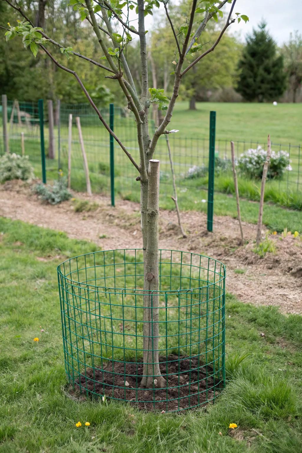 Green wire mesh offers a simple yet effective protection for young trees.