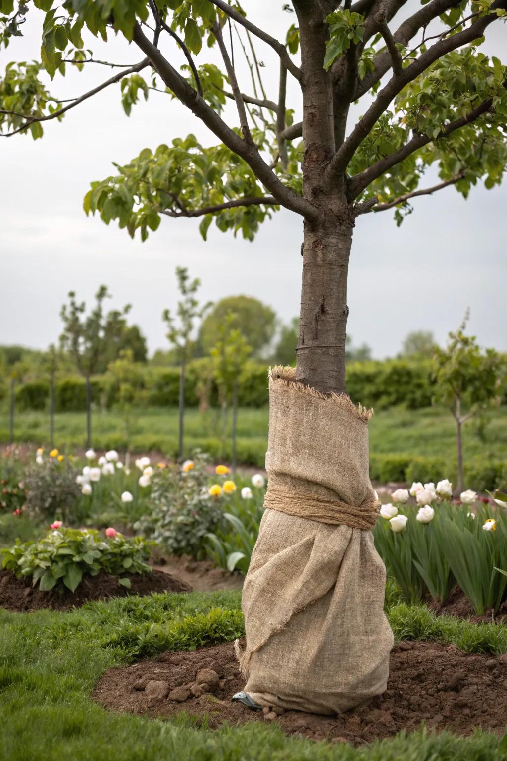 Burlap wraps provide subtle protection while blending with the tree.