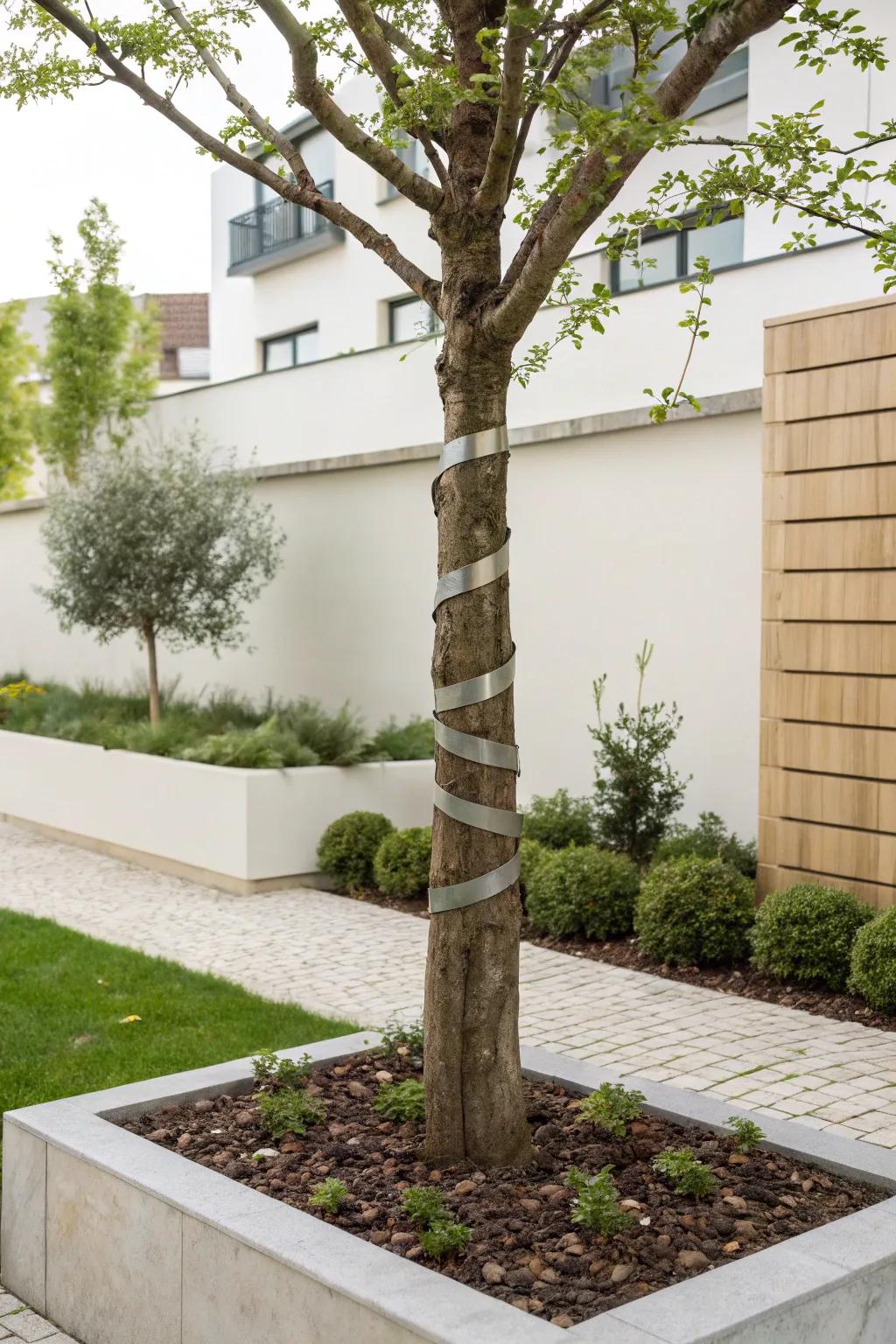 Minimalist metal bands offer sleek protection without overpowering the tree.