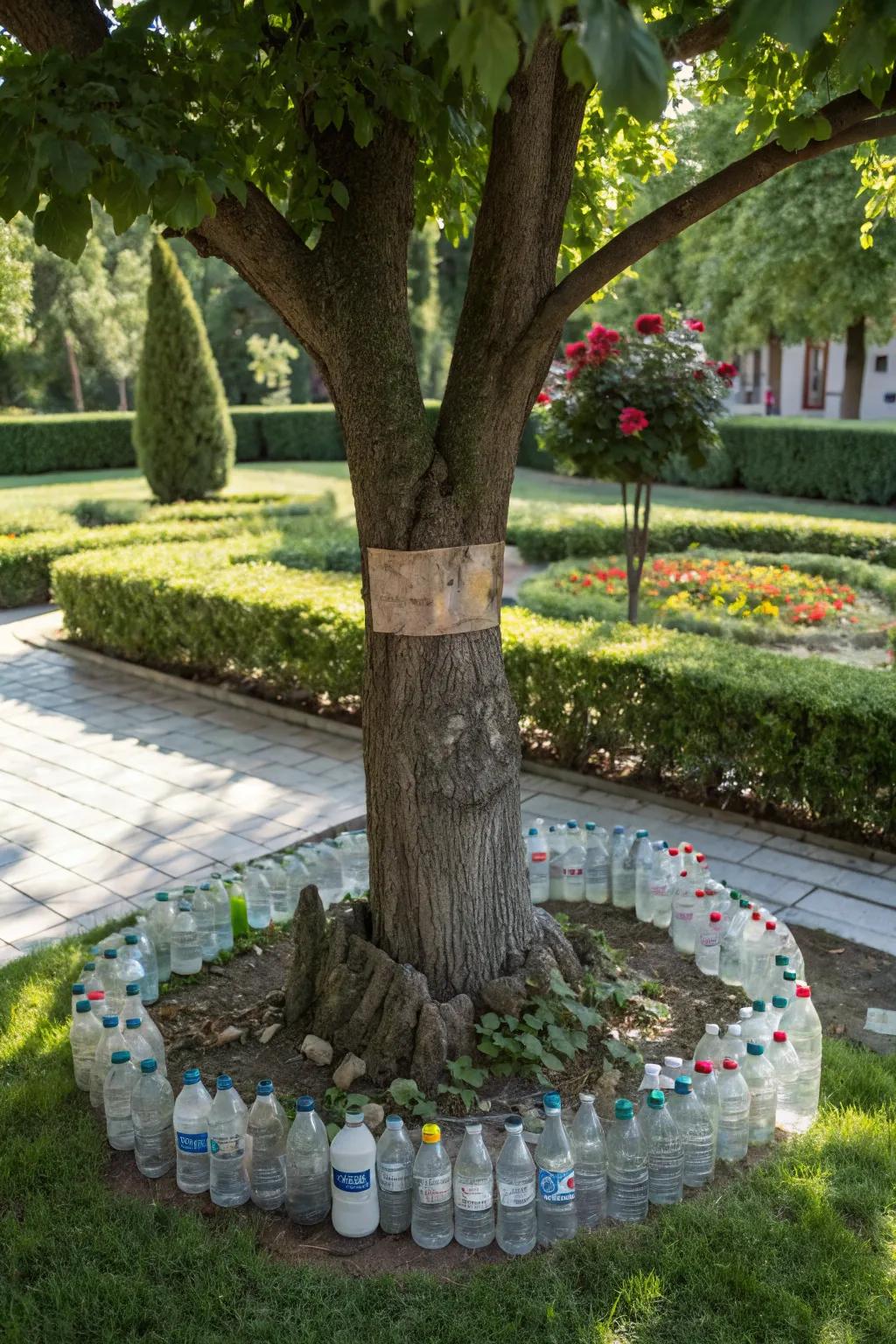 Recycled plastic bottles make for a clever and sustainable tree guard.