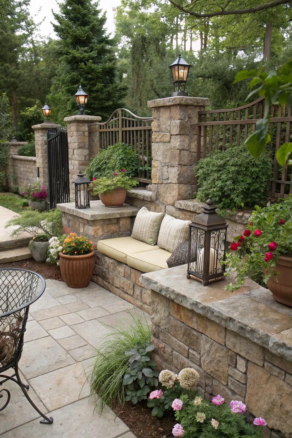 Integrated seating in a stone fence can offer a functional and inviting space.