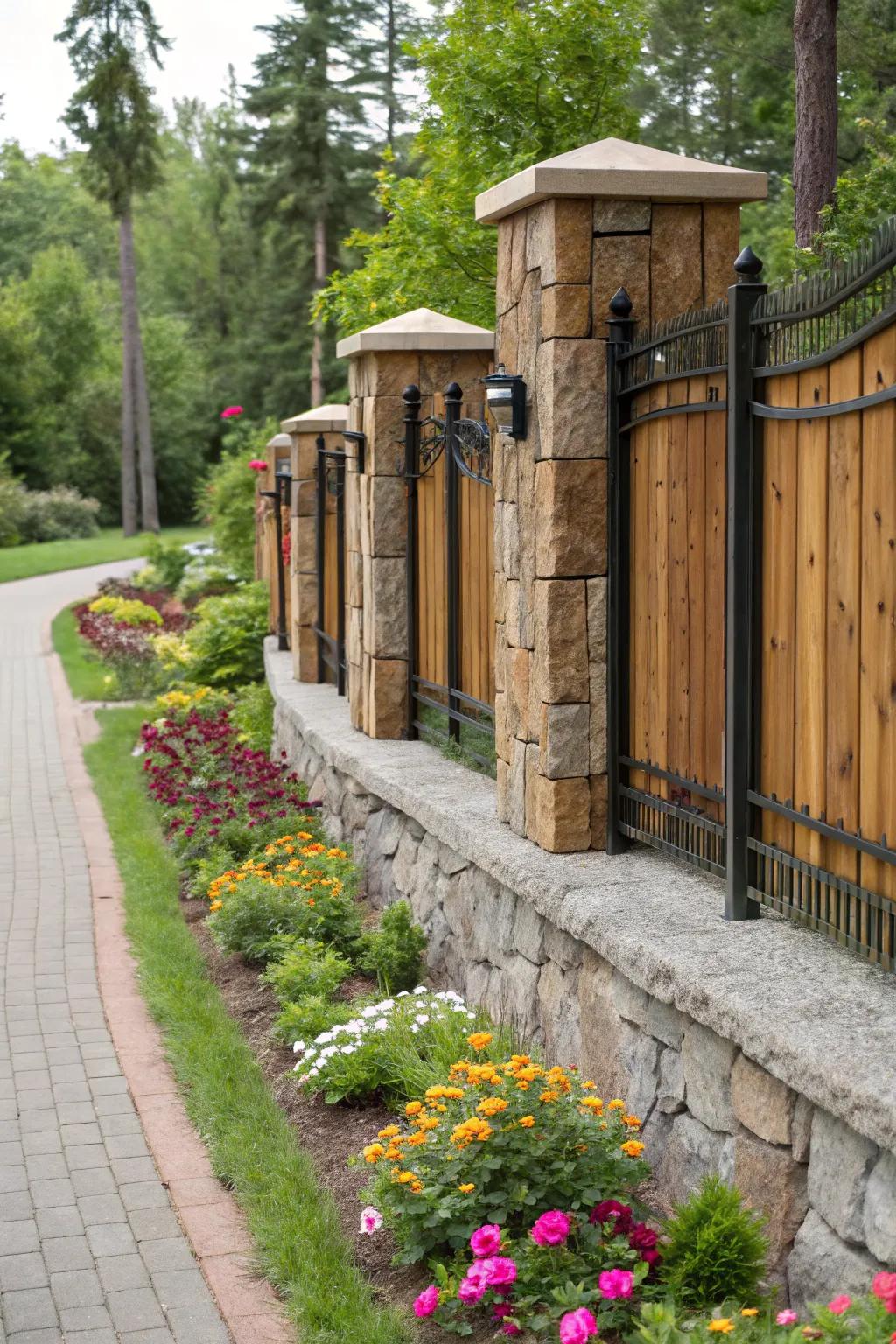 Mixing materials can create a visually interesting and unique stone fence.