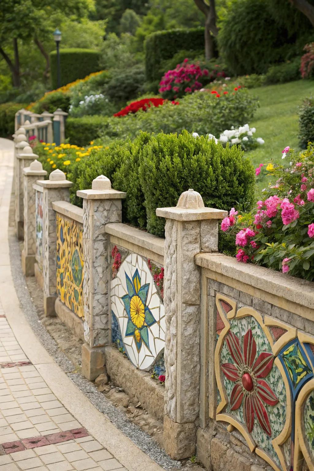 Mosaic inlays can add color and creativity to your stone fence.