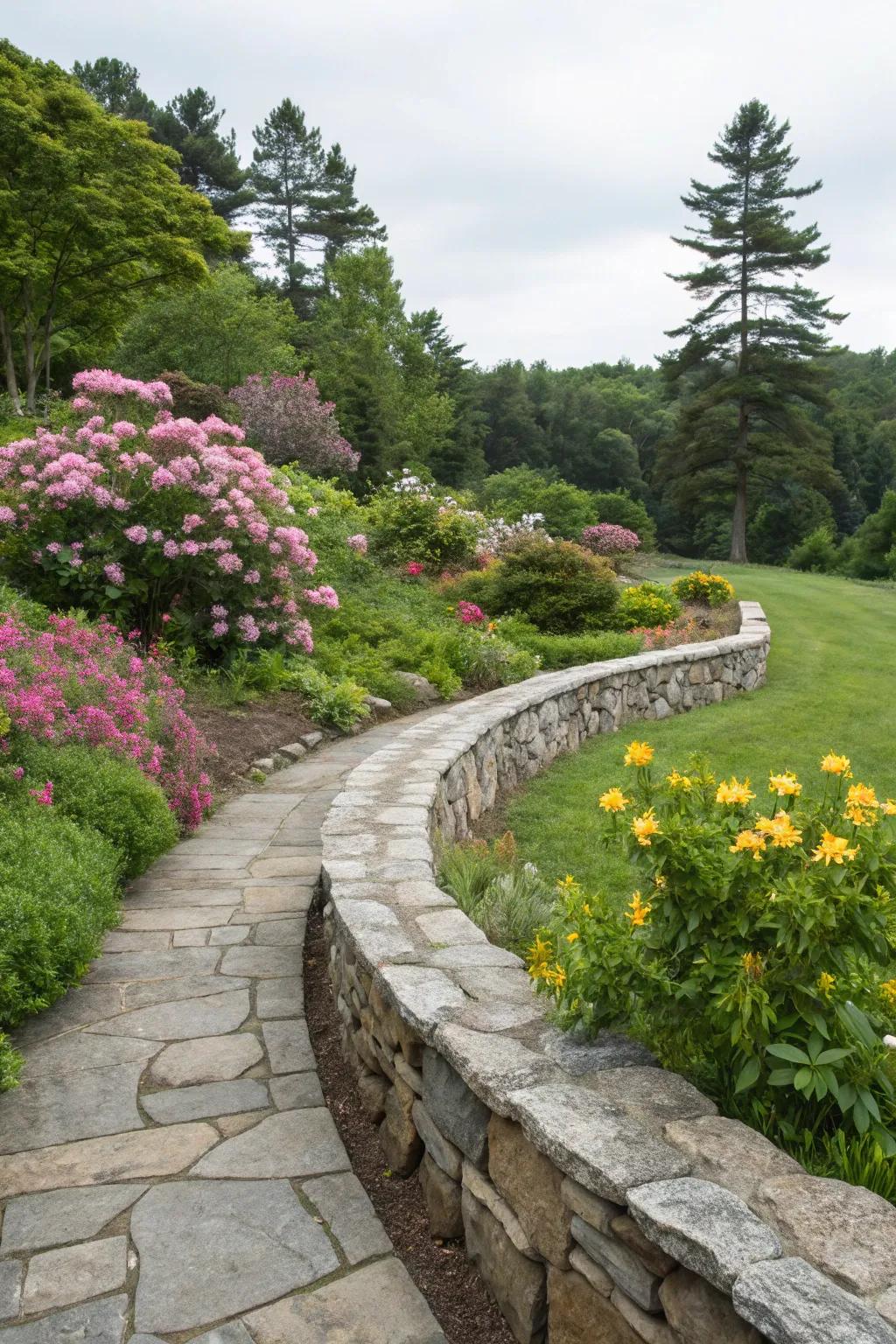 Curved stone walls can add movement and flow to your garden.