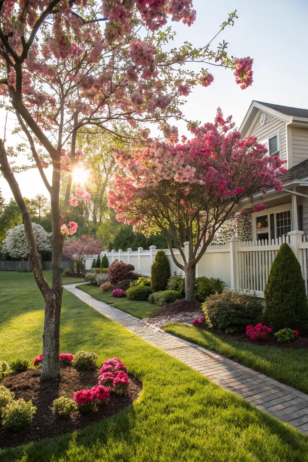 Ornamental trees provide structure and seasonal beauty.