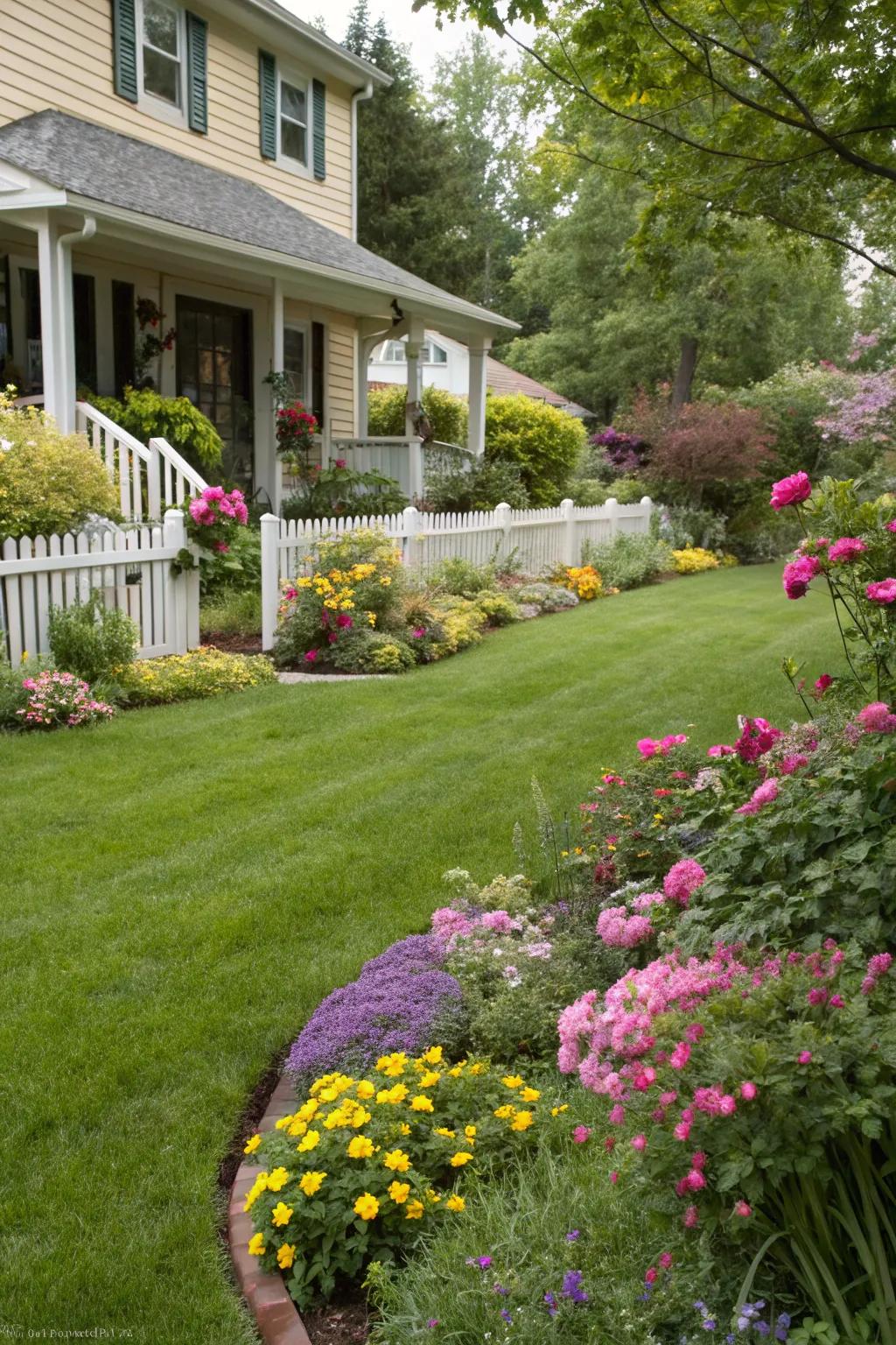 A lush green lawn provides a serene backdrop for vibrant blooms.