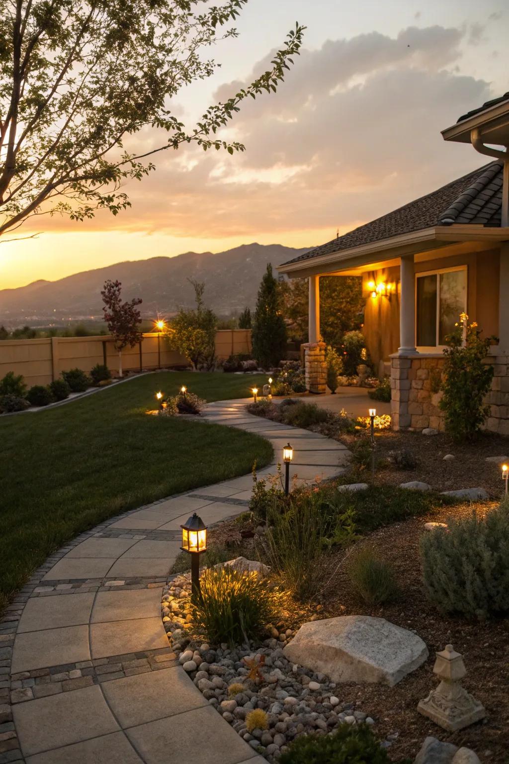 Outdoor lighting that adds ambiance and safety to a Utah front yard.