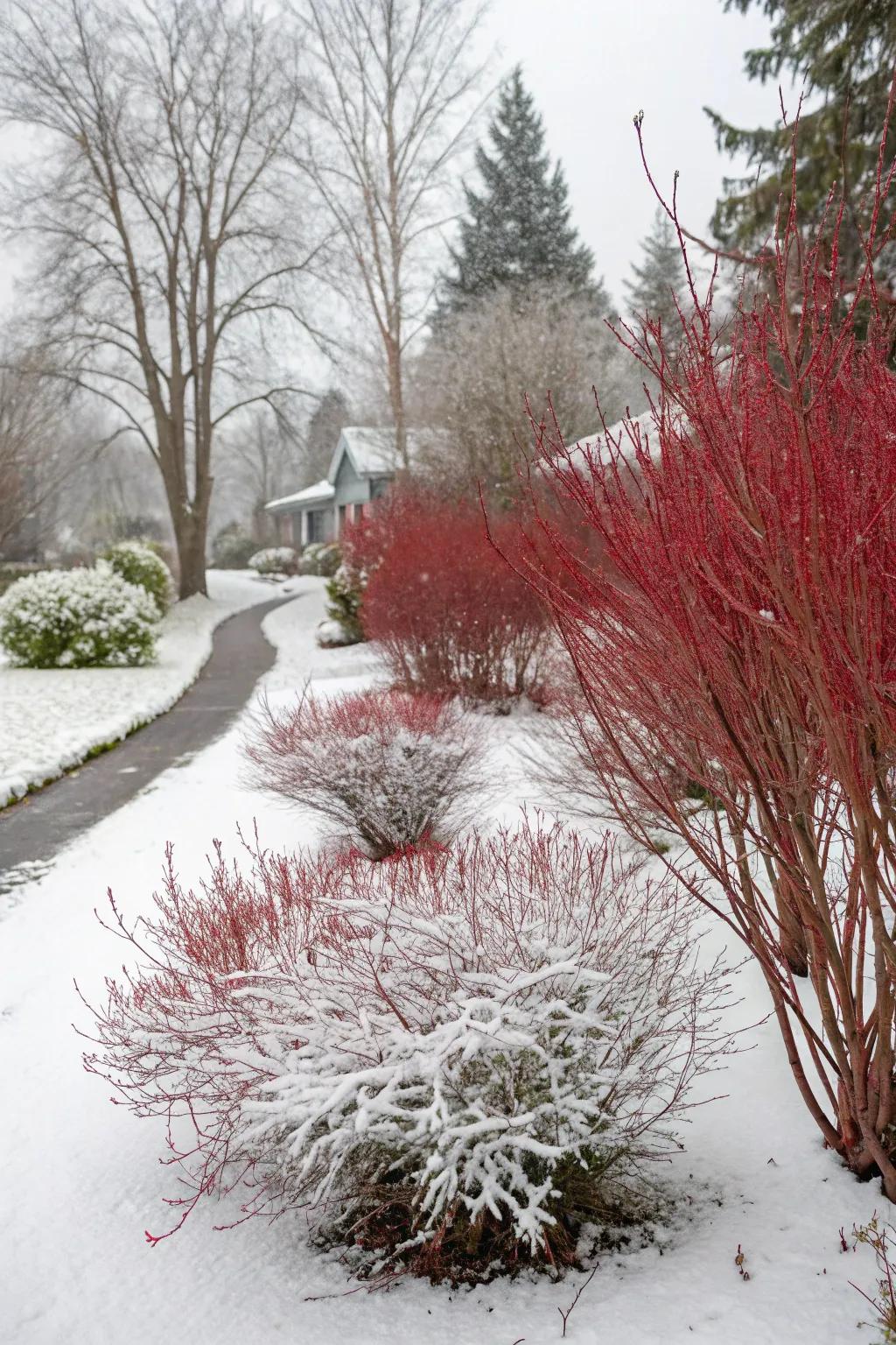 Red dogwood shrubs providing vibrant contrast against the snowy garden.