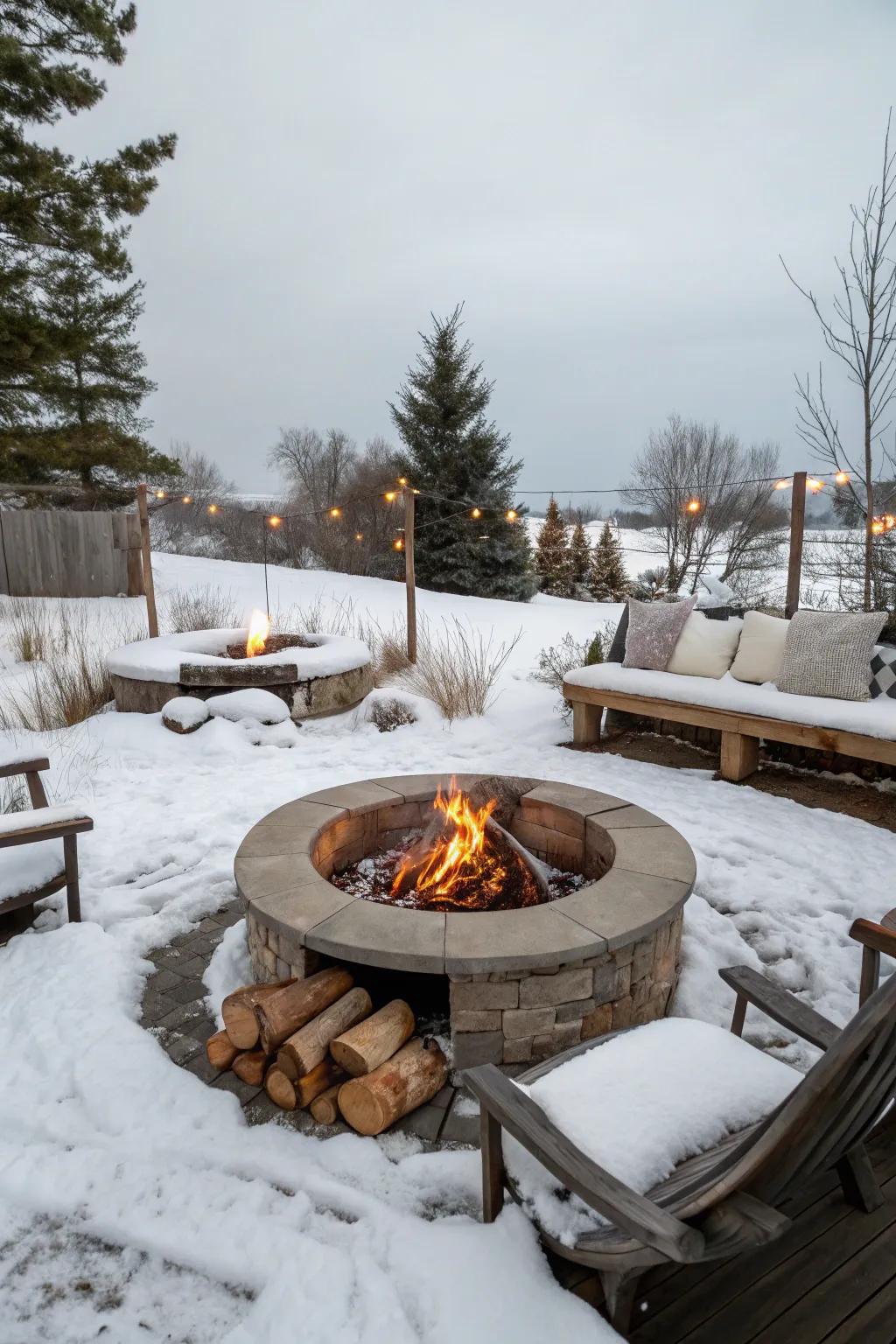 A welcoming fire pit area with seating, perfect for enjoying the winter garden.