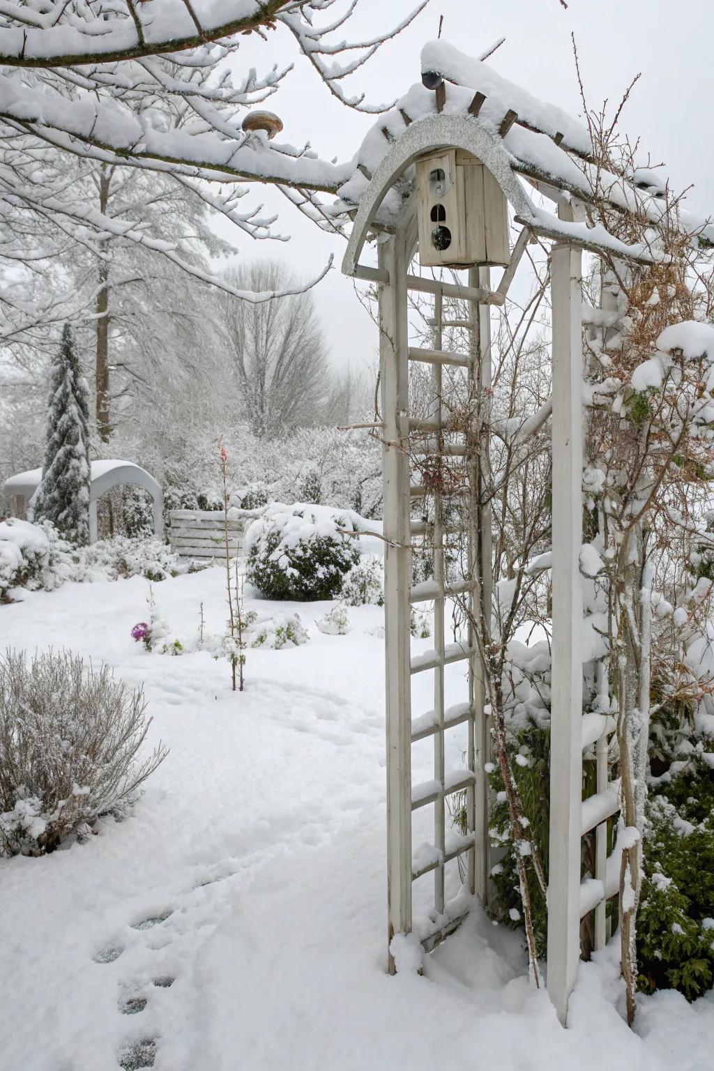 A garden trellis and birdhouse elegantly frosted with snow, adding structure to the landscape.