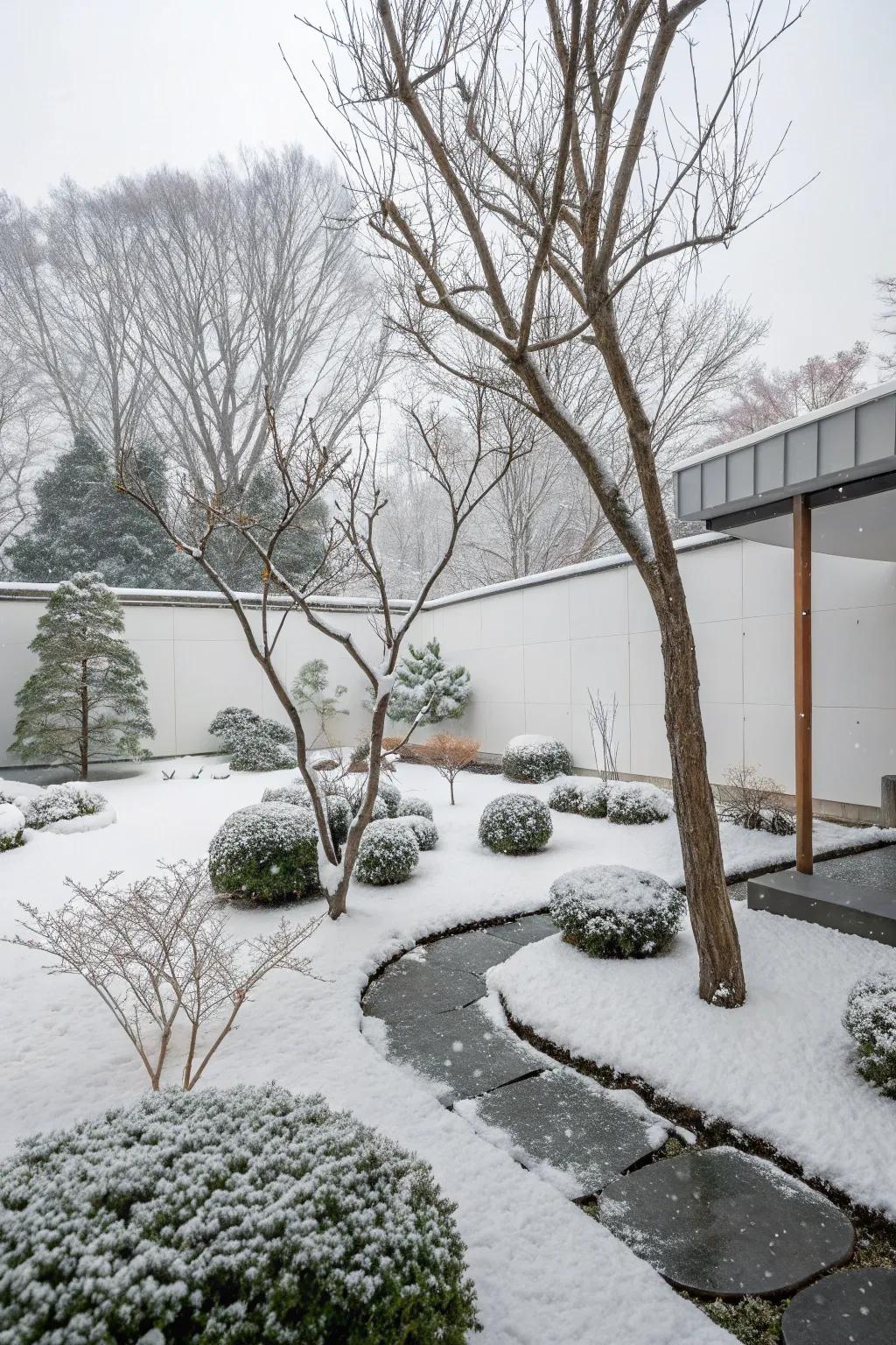 A minimalist winter garden, celebrating the serene beauty of snow and bare trees.