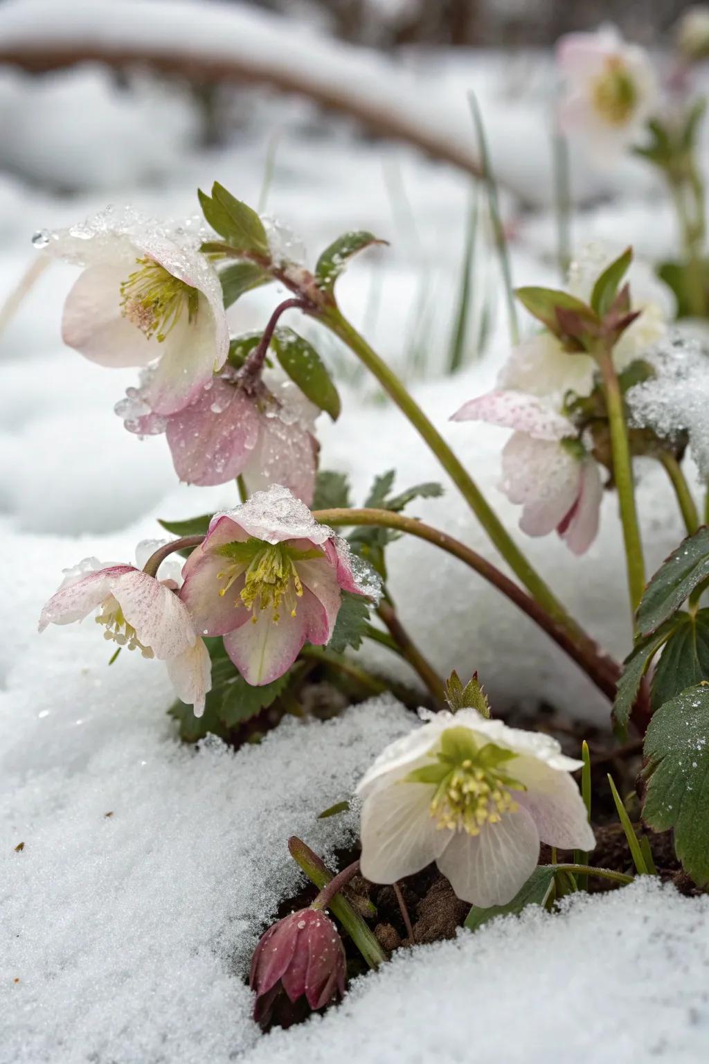 Hellebores in full bloom, adding vibrant color to the winter garden.