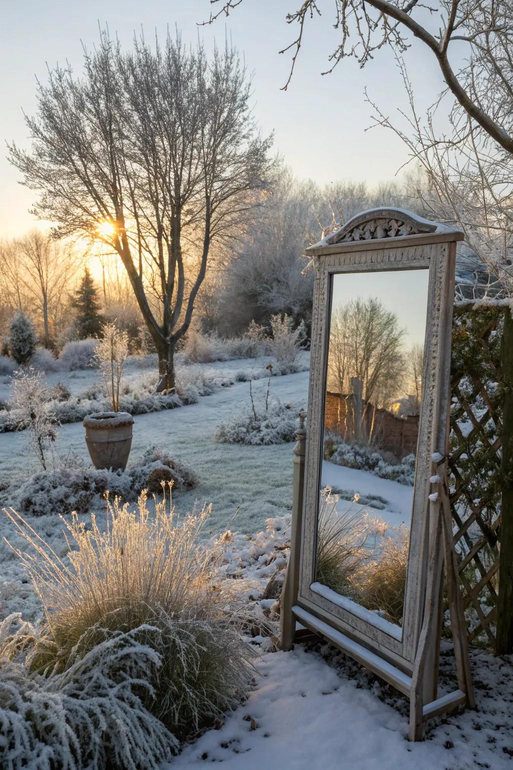 An outdoor mirror capturing winter sunlight, enhancing the garden's brightness.