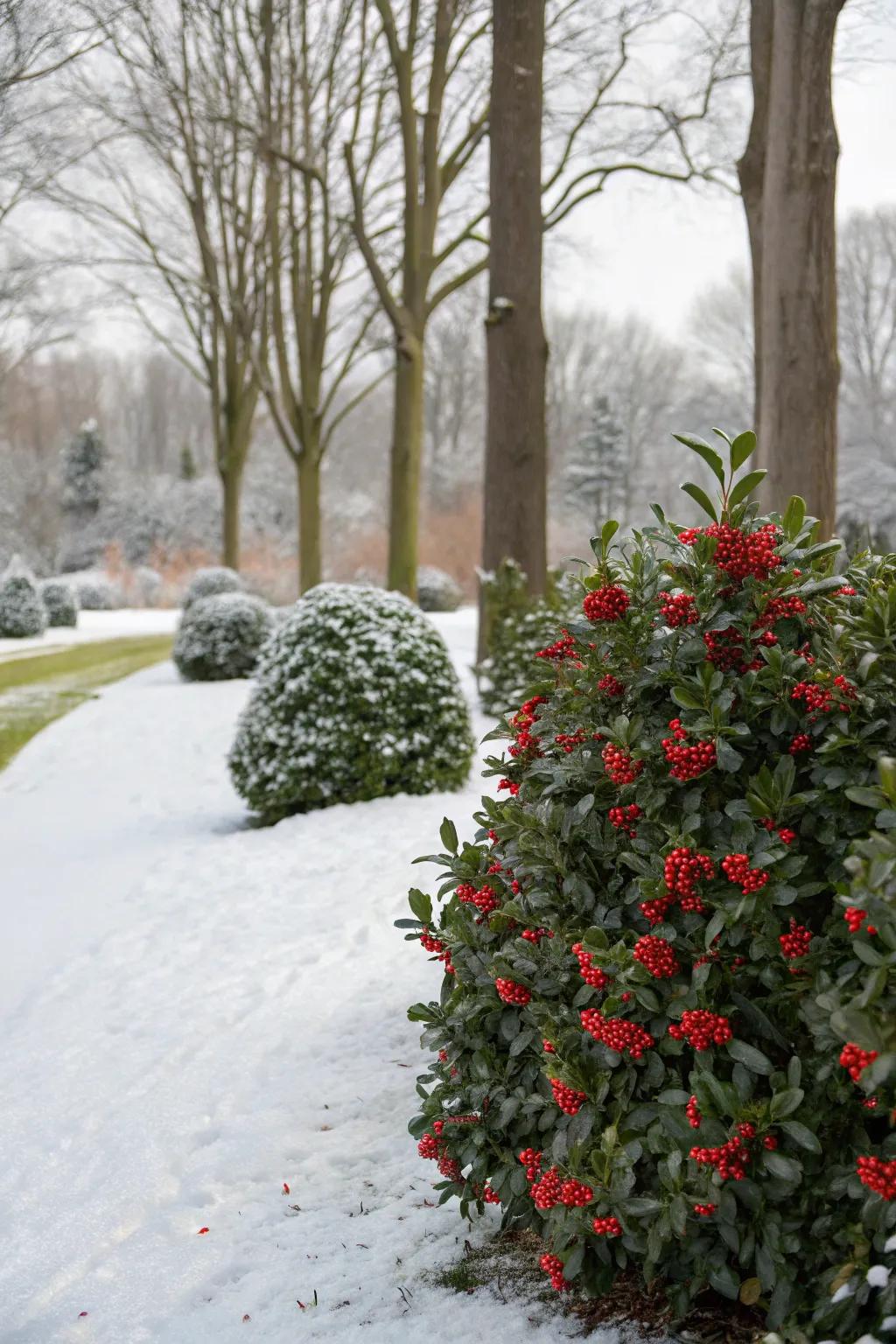 Holly bushes adorned with red berries, adding color and charm to a snowy garden.