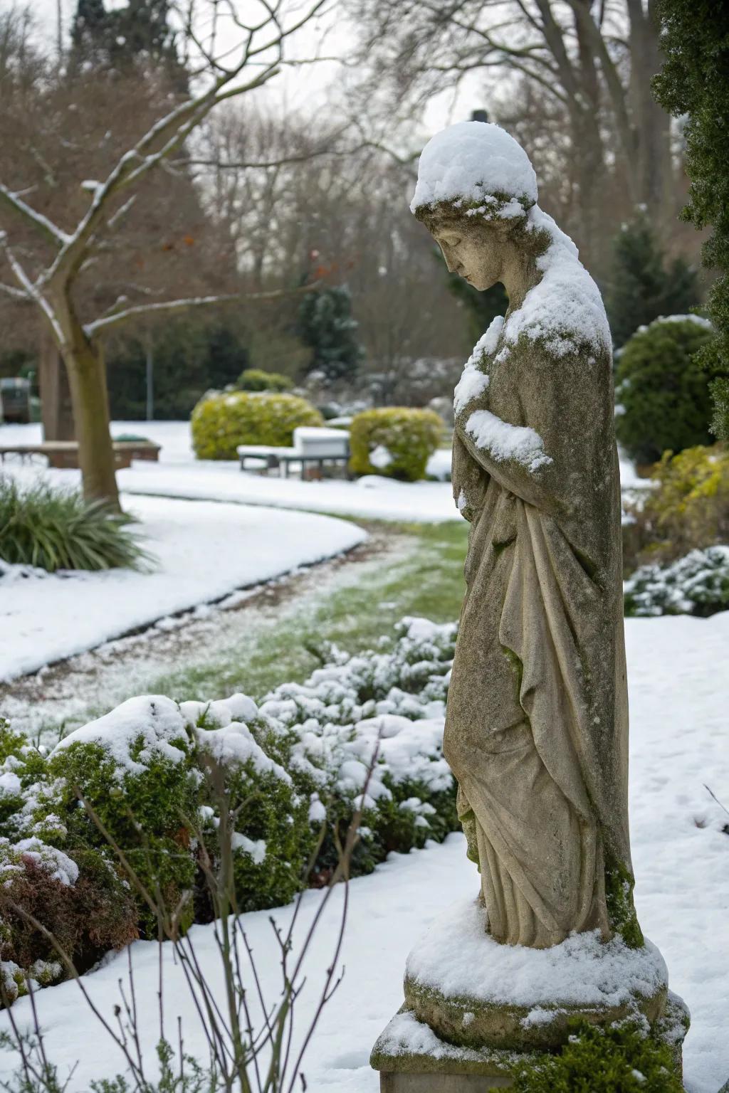 A garden statue elegantly adorned with snow, creating a captivating focal point.