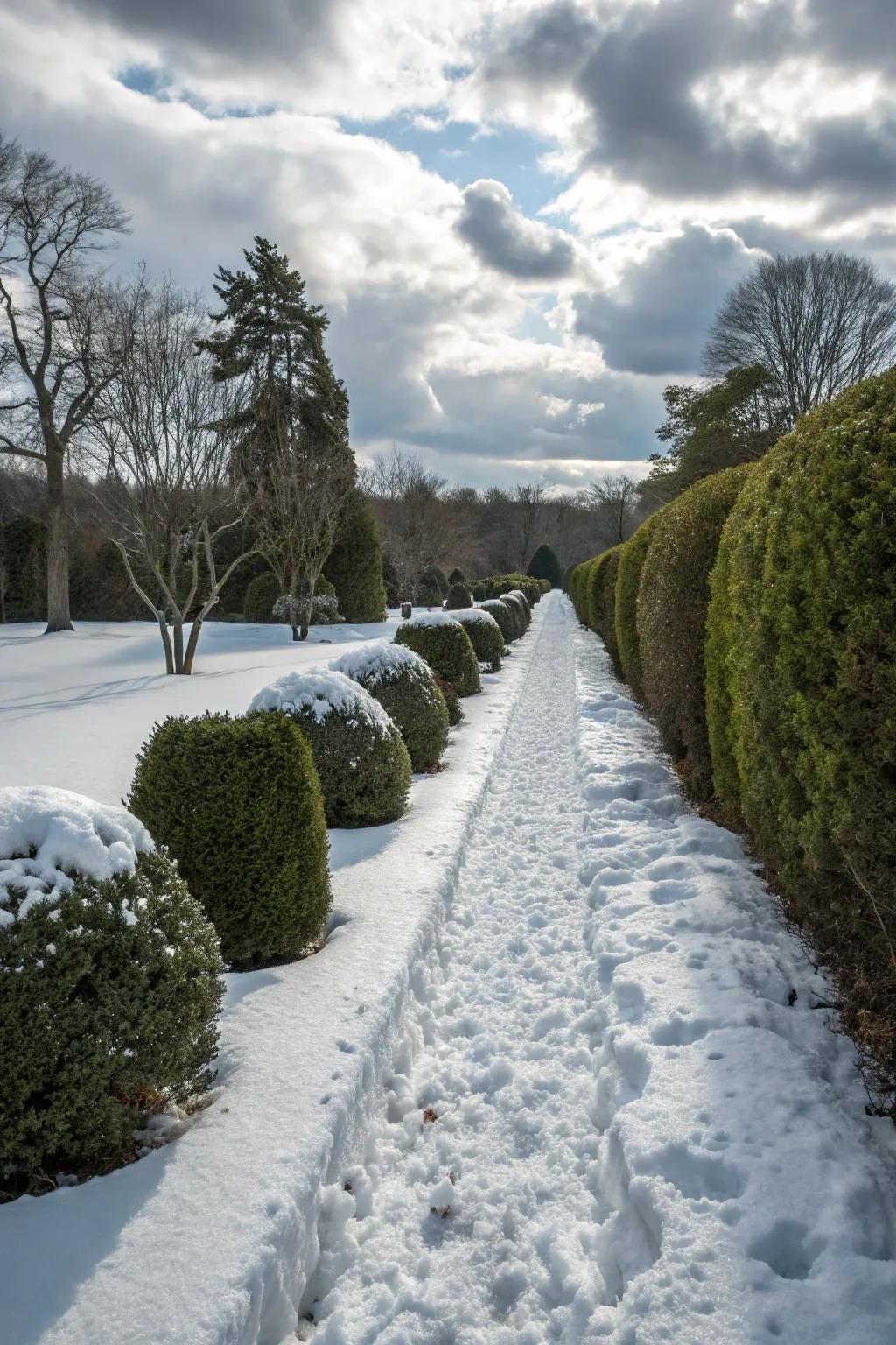 A charming garden pathway with neatly cleared snow, inviting exploration.