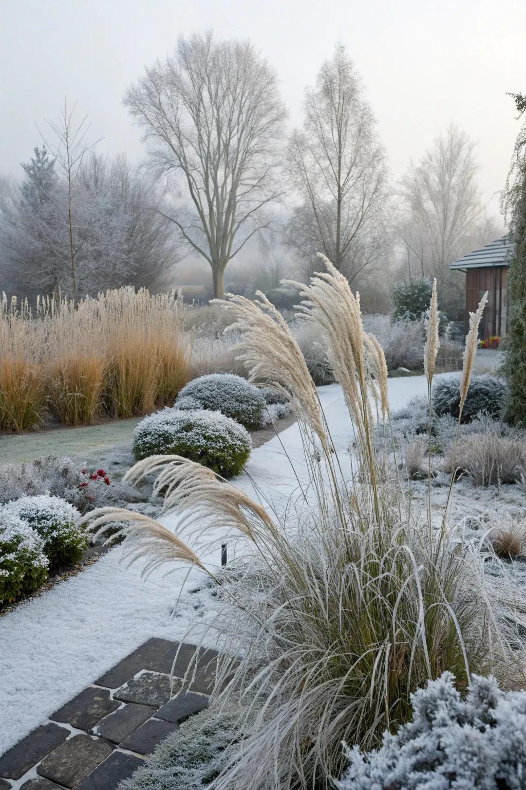 Ornamental grasses sparkling with frost, bringing texture to a winter landscape.