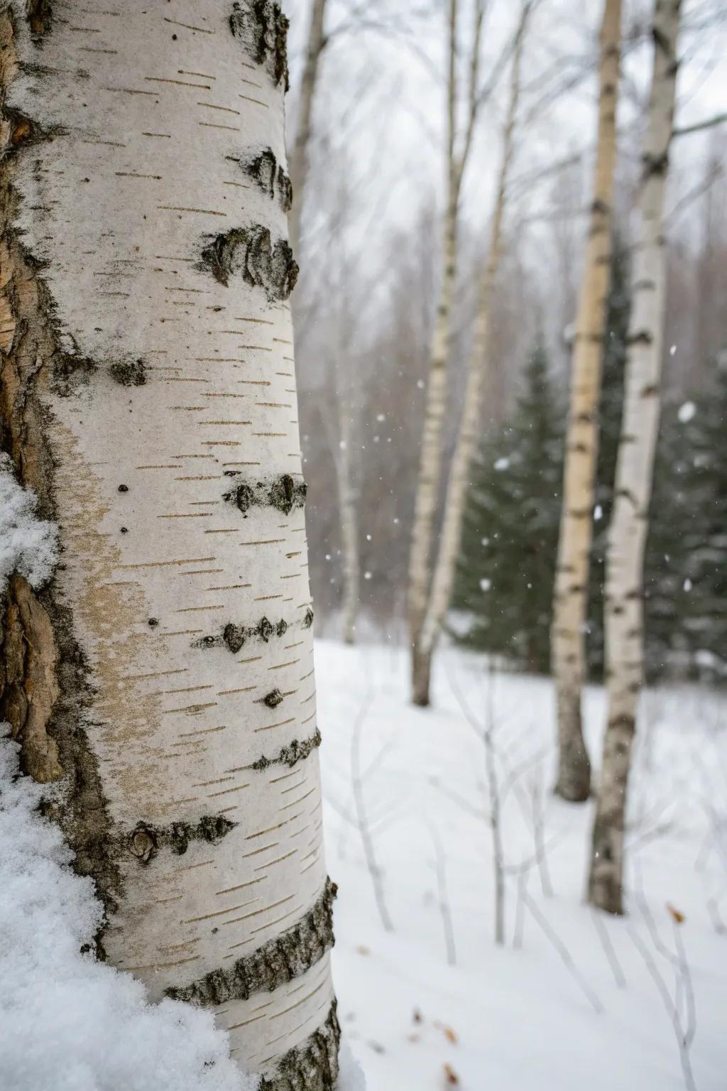 Birch tree bark, showcasing its unique texture beautifully contrasted against a winter landscape.