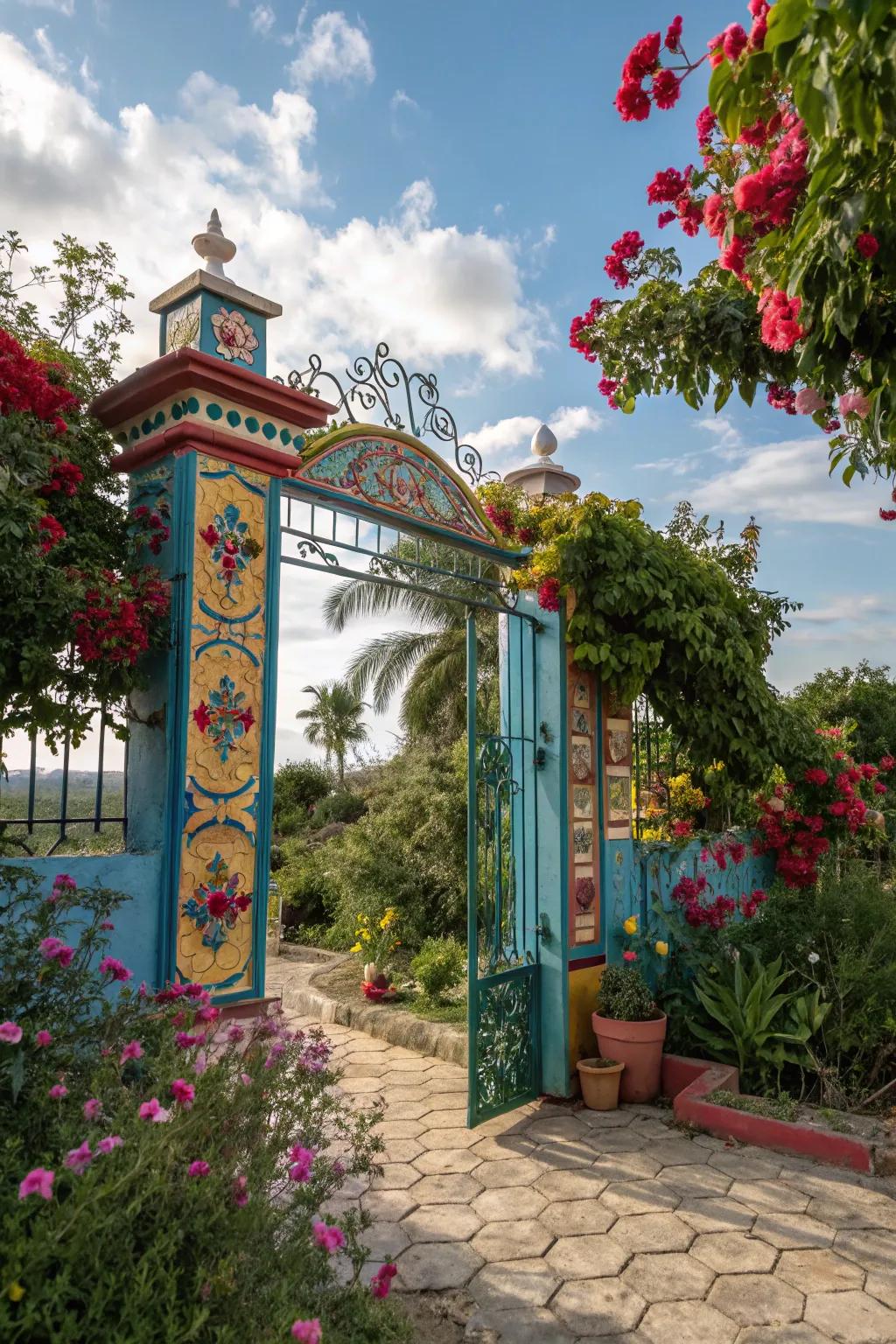 Vibrant colorful gate in a garden.