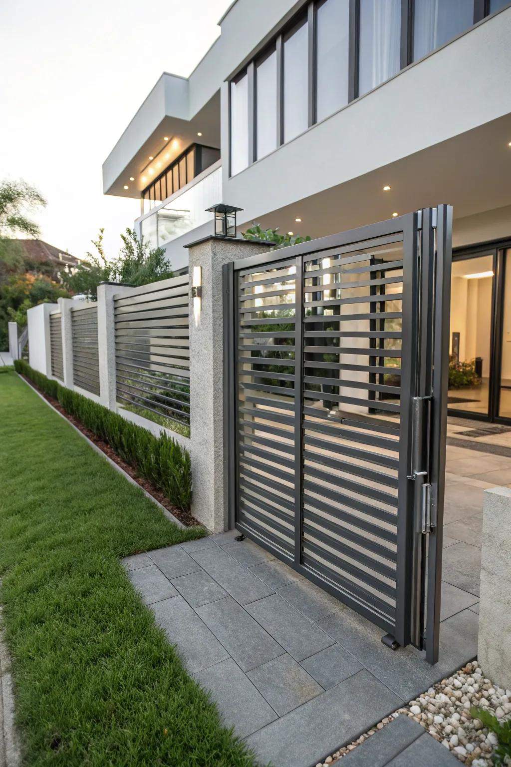Modern metal gate with horizontal slats.