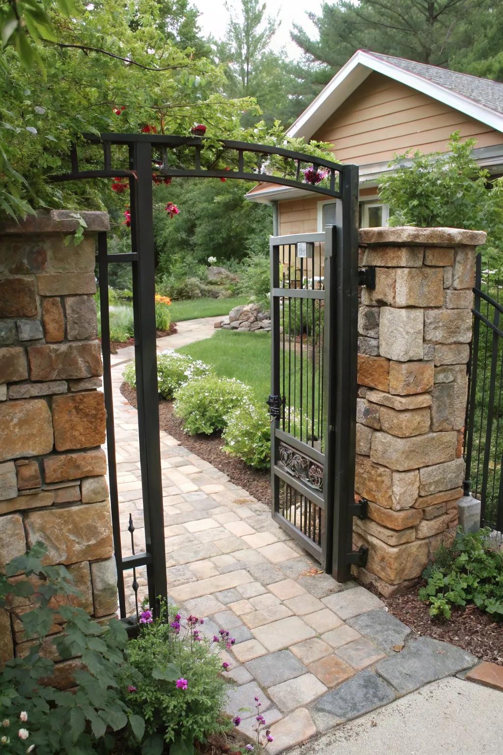 Mixed-media gate combining stone and steel.