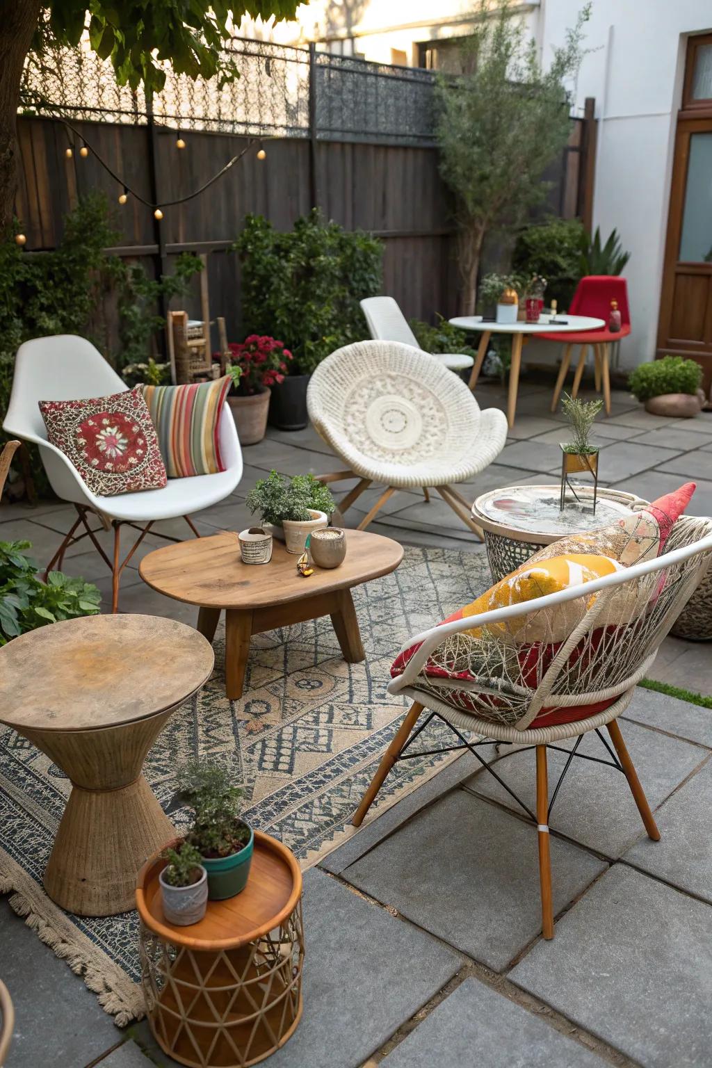 An eclectic mix of decor creates a unique and personal patio.