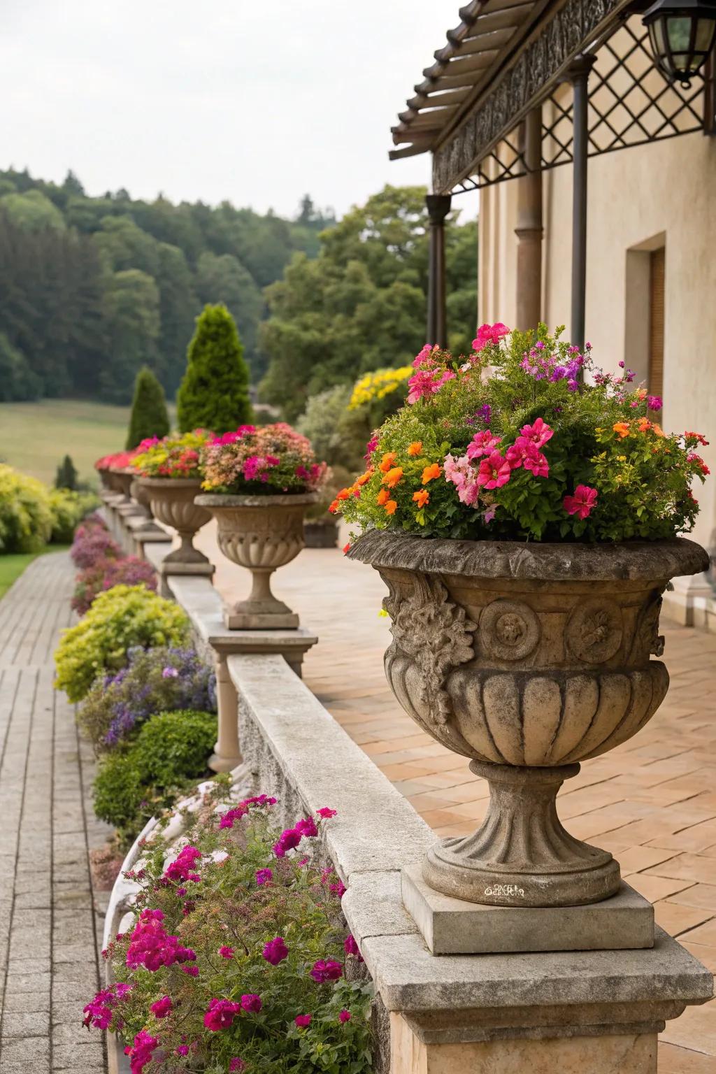 Antique planters hold blooms with vintage flair.