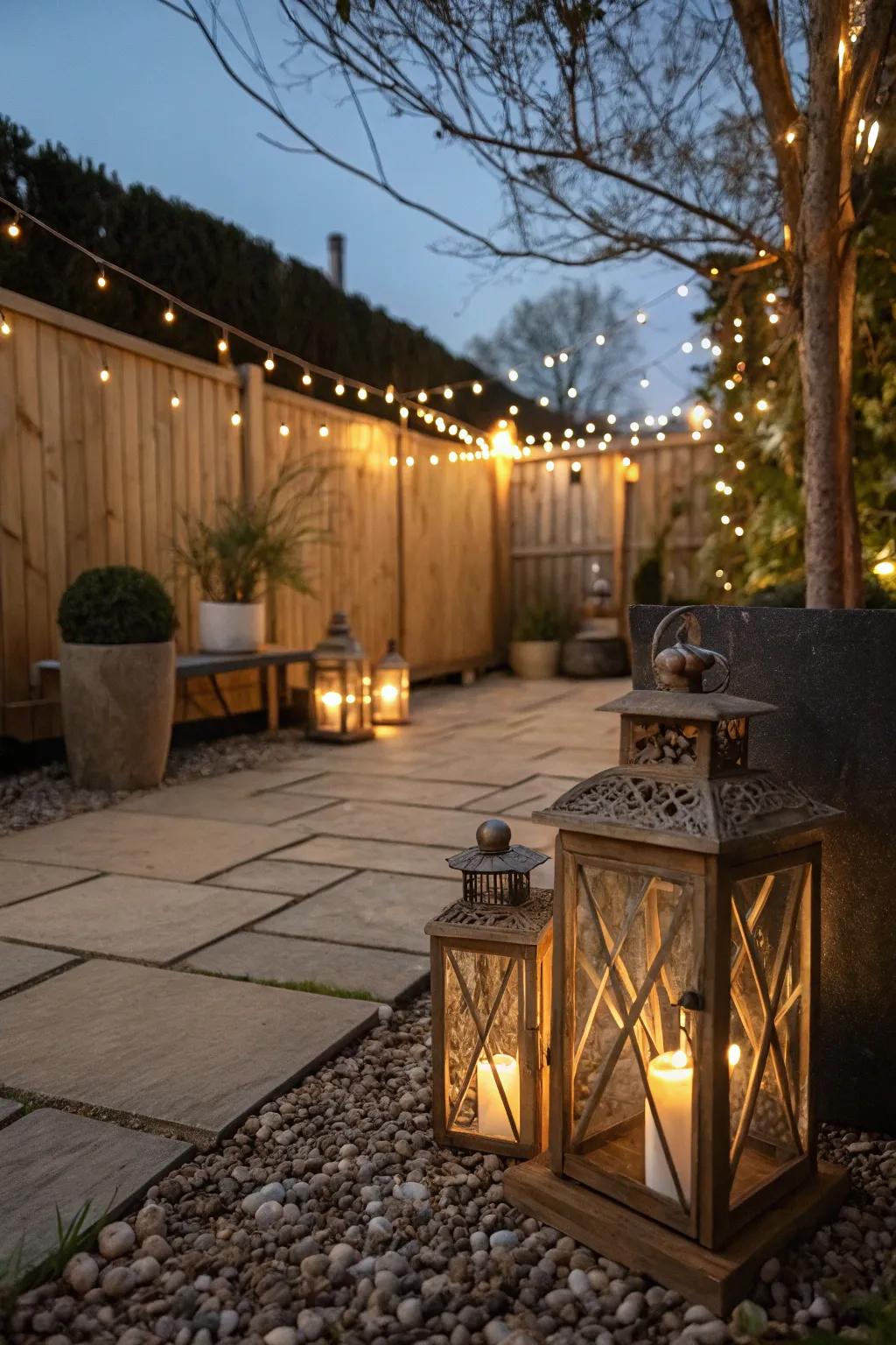 Rustic lighting sets the mood for cozy evenings.