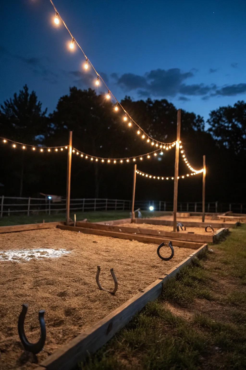 String lights can transform your horseshoe pit into a nighttime attraction.