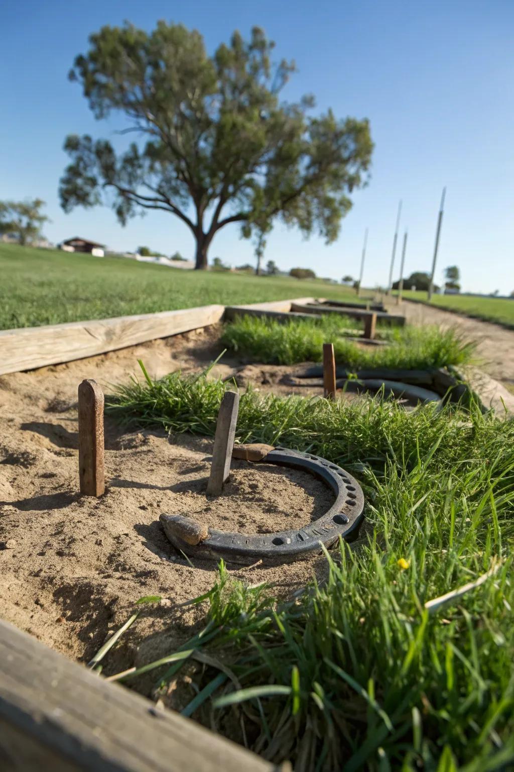 A grass surround blends the pit seamlessly into the garden.