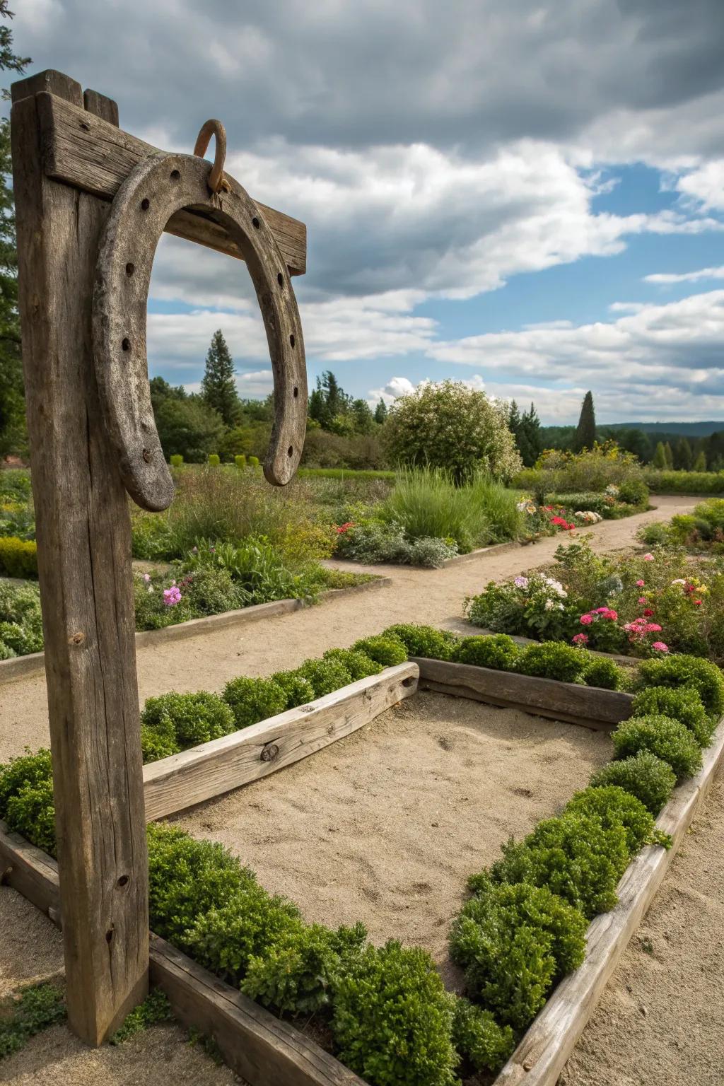 Rustic wooden frames add a touch of charm to your horseshoe pit.