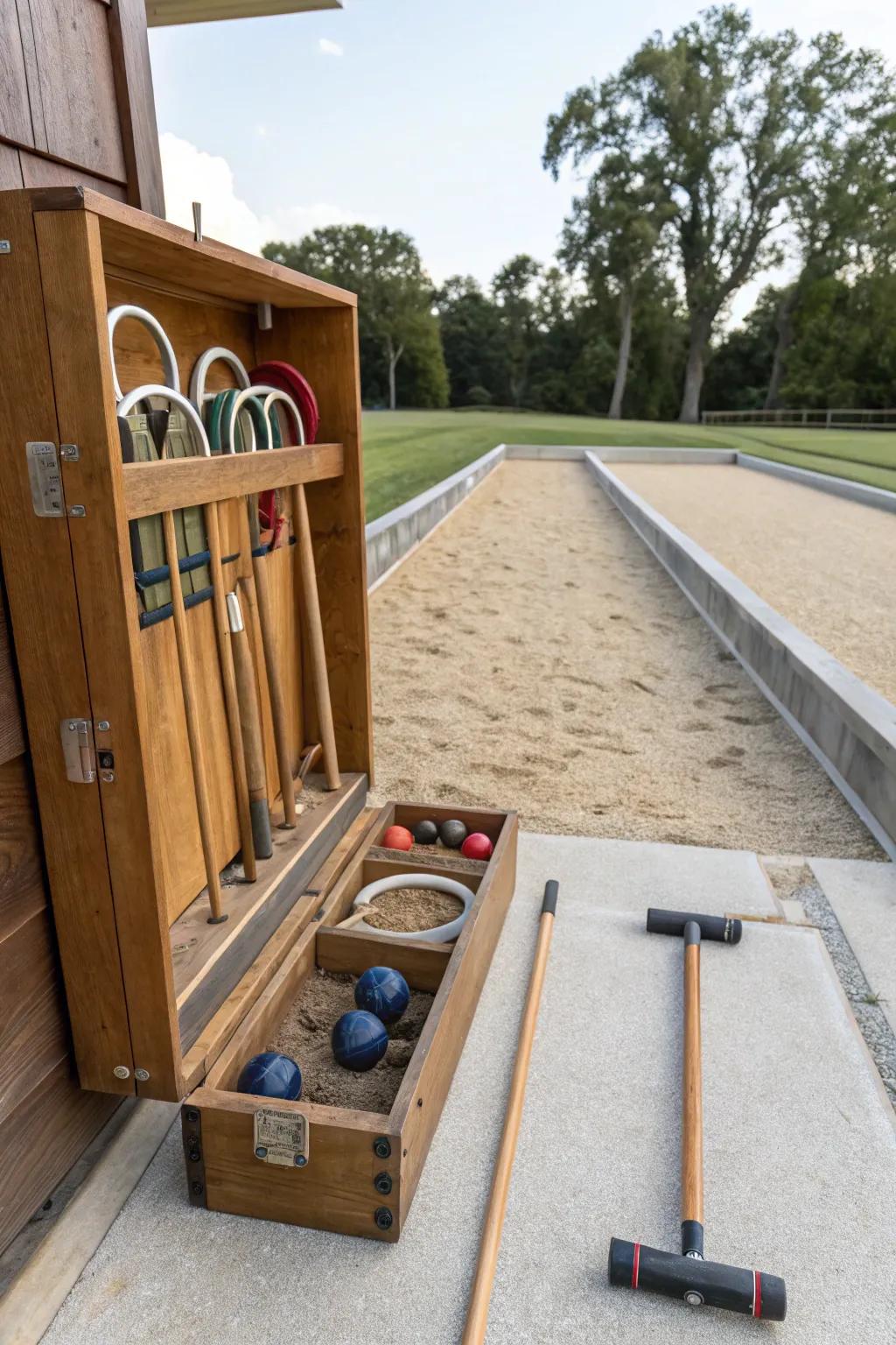 Convenient storage keeps your horseshoes and gear organized.