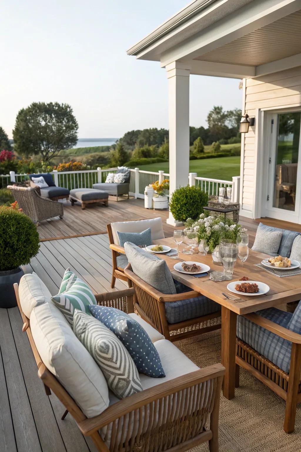 Stylish and versatile outdoor furniture on deck and patio.