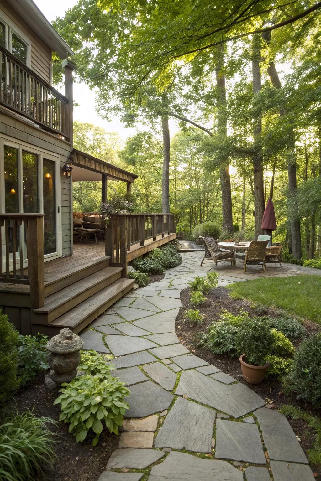 Stone pathways seamlessly connecting deck and patio areas.
