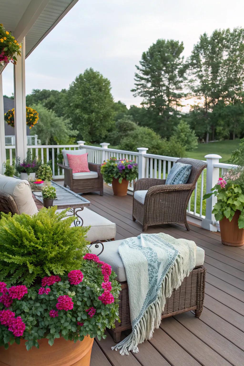 Personal touches adding warmth and personality to the deck and patio.