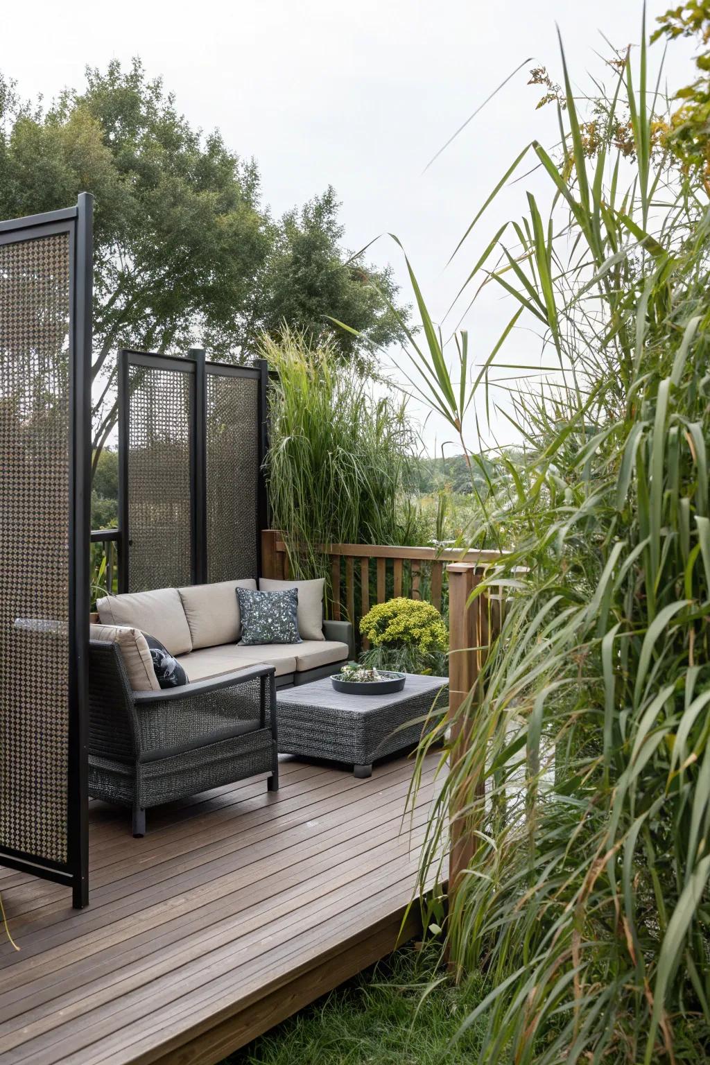 Secluded deck and patio area with privacy features.