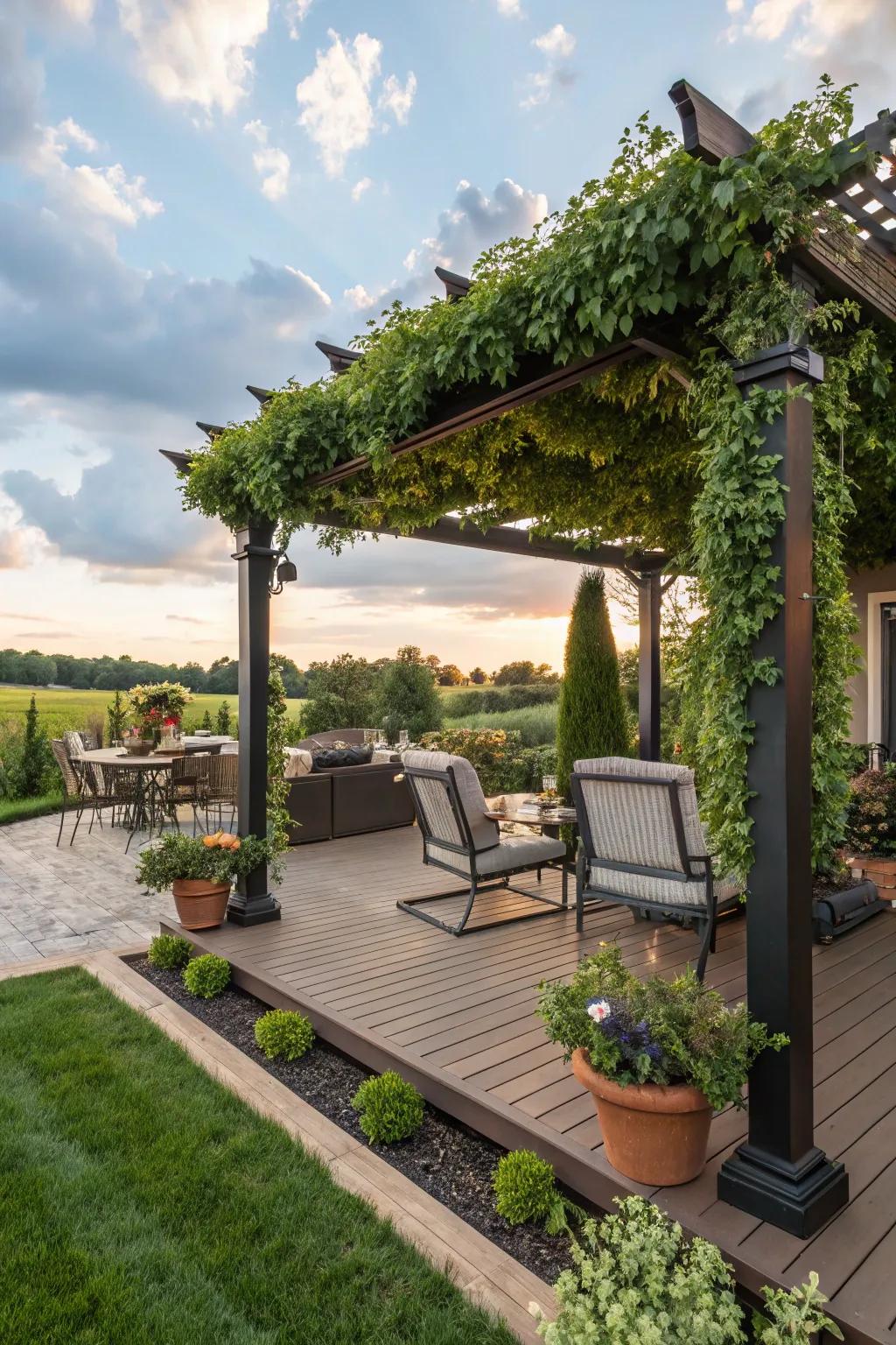 Pergola offering shade and charm to the deck and patio.