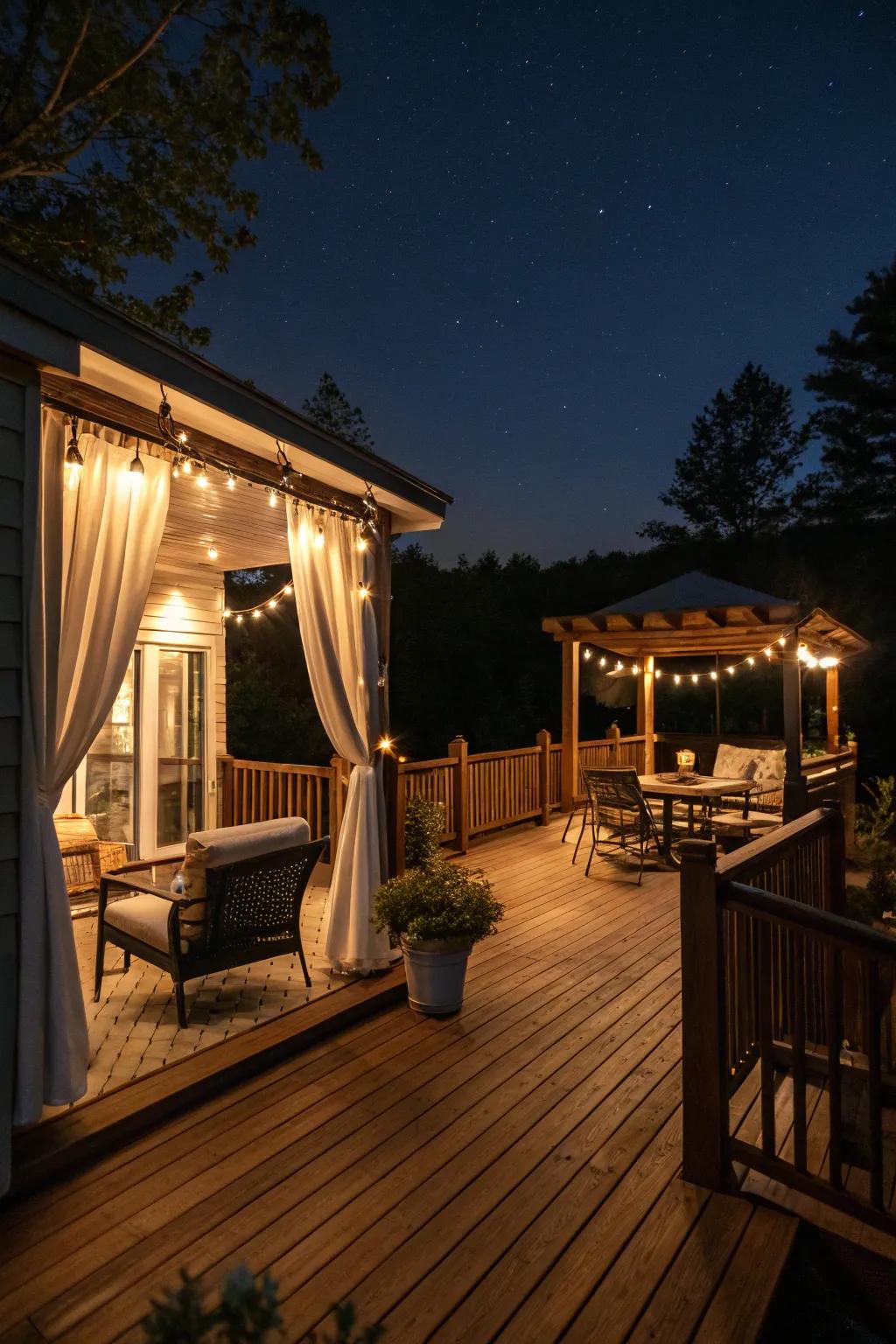 Magical ambient lighting transforming the deck and patio at night.