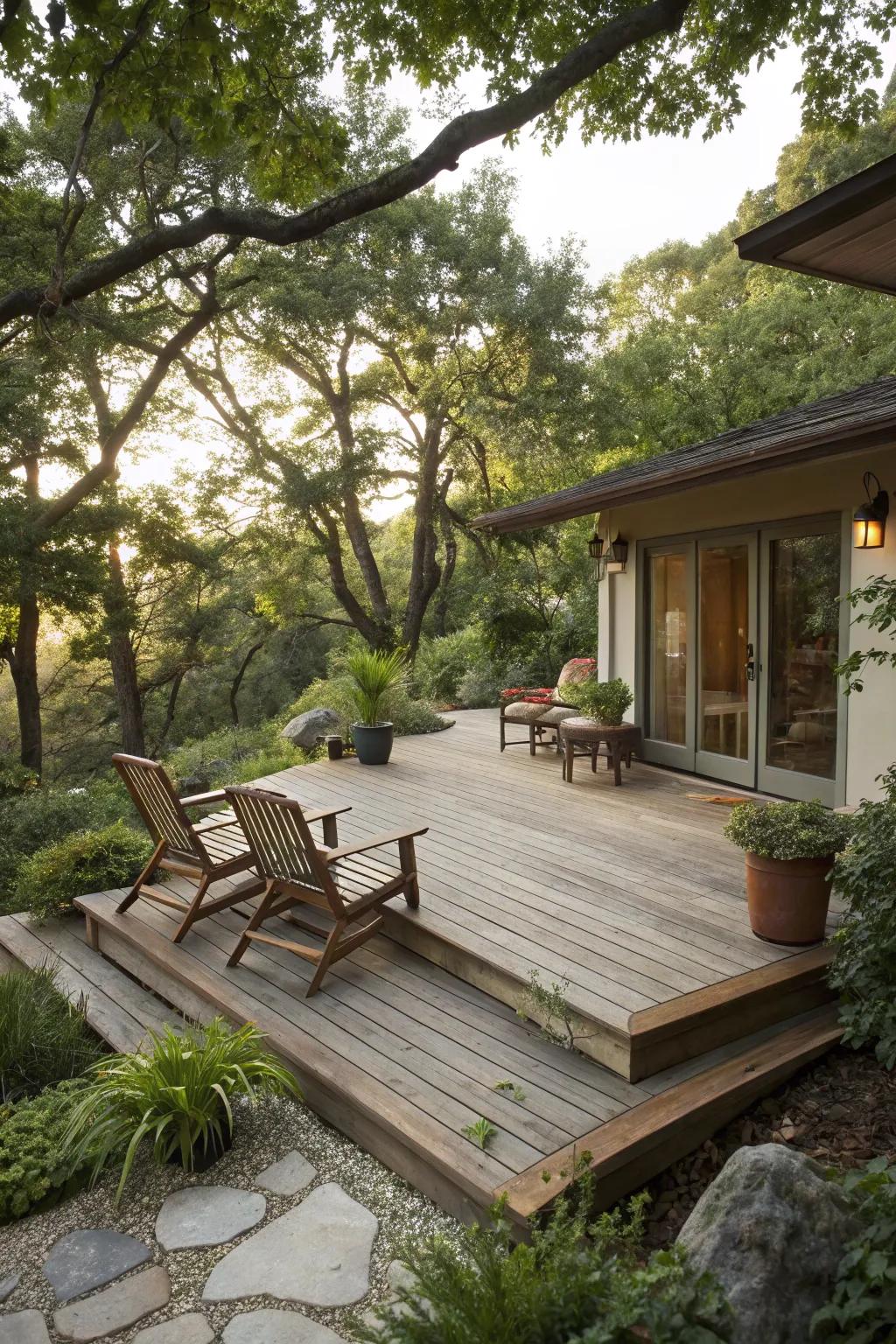 Deck and patio beautifully integrated with natural surroundings.