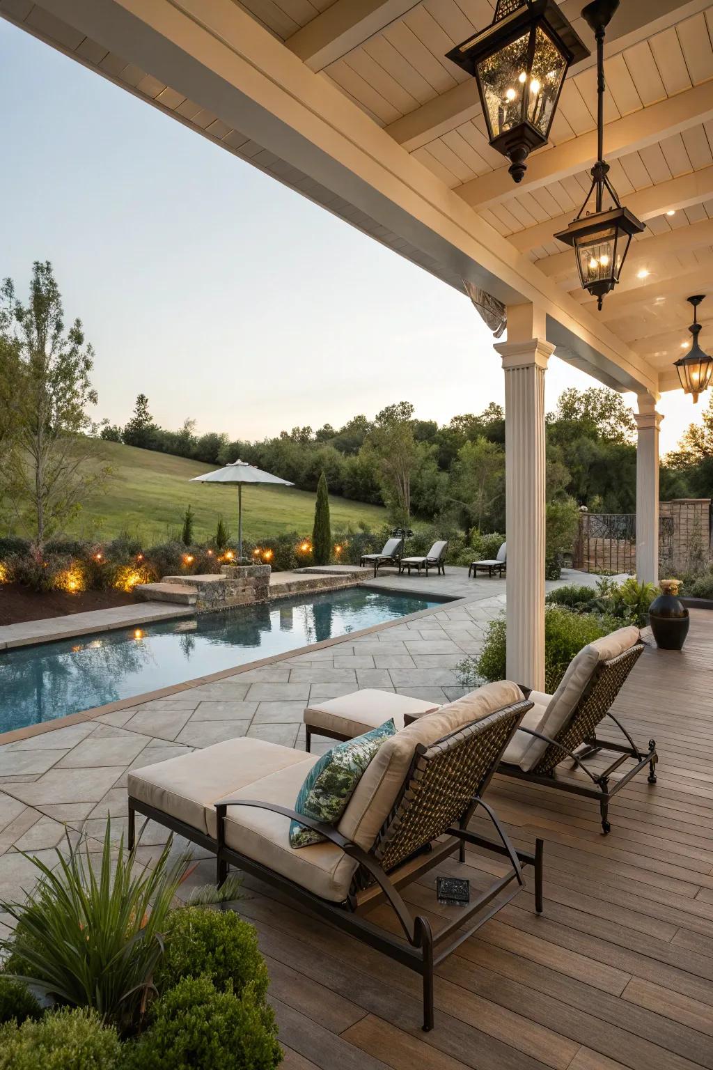 Luxurious poolside oasis with deck and patio extension.