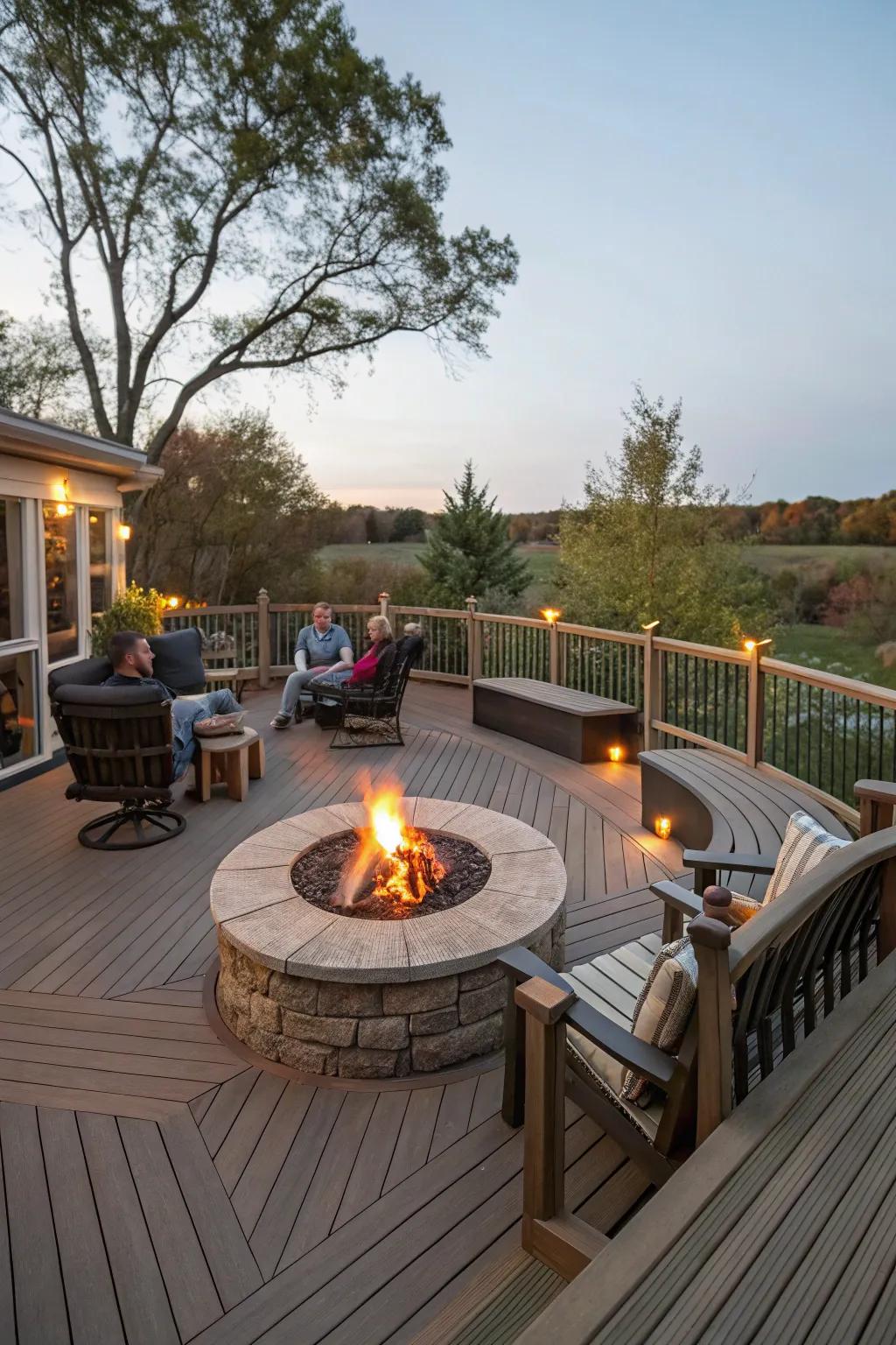 Cozy fire pit creating a warm gathering spot on deck and patio.